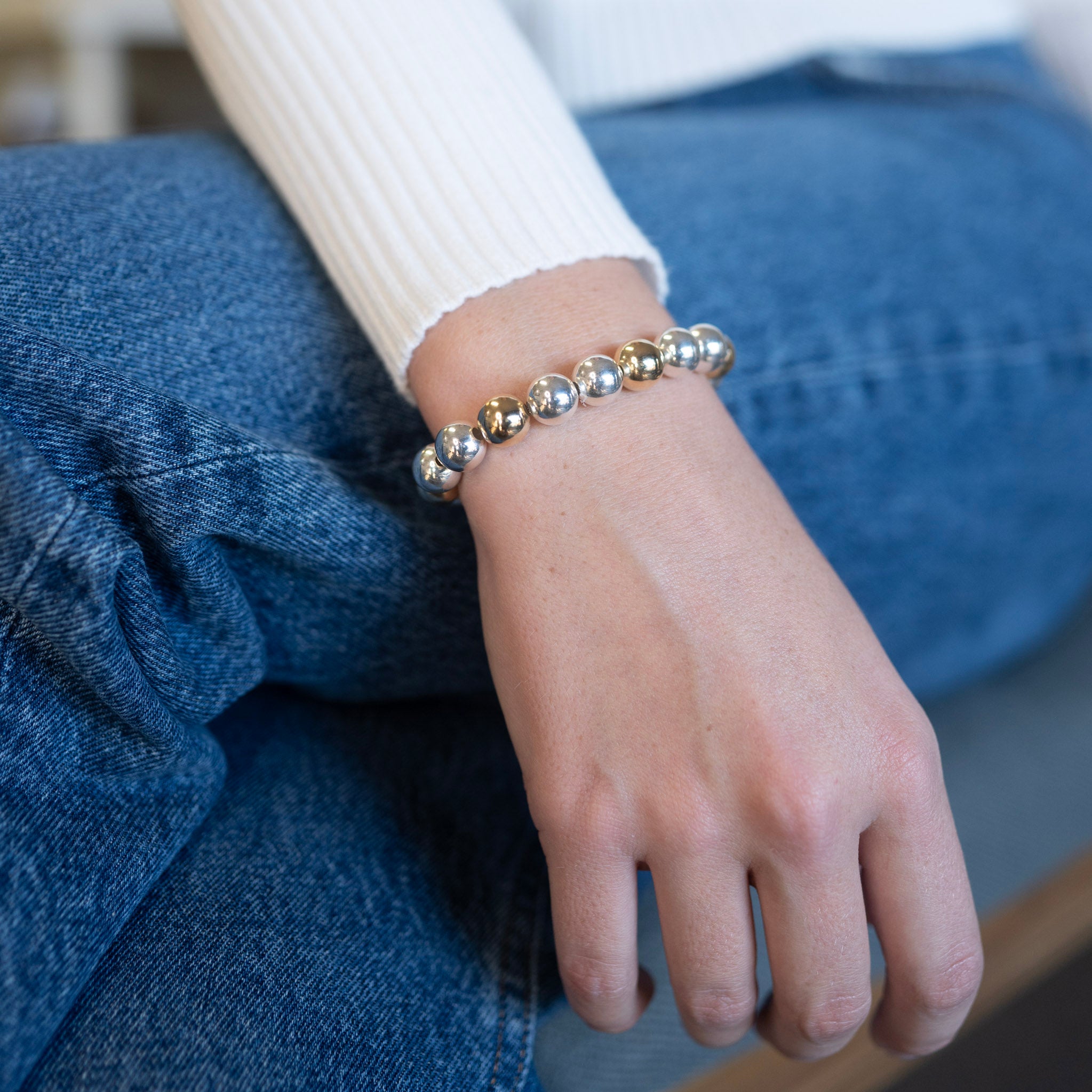 Polished Silver and Gold Beaded Bracelet w/ 14kt Gold Filled Magnetic shops Closure