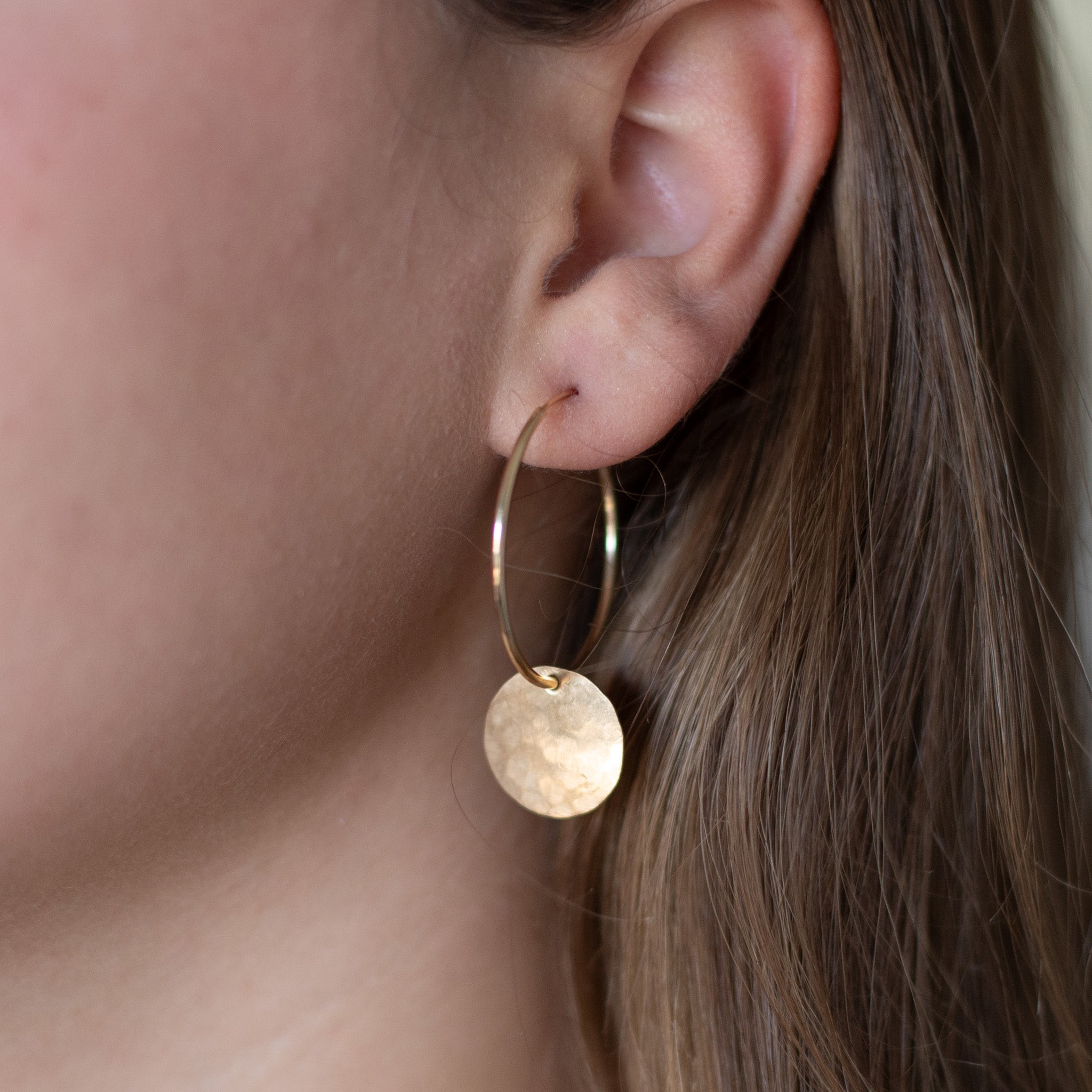 Large Coin Hammered 14k Gold Filled Hoop Drops - Jewel Ya