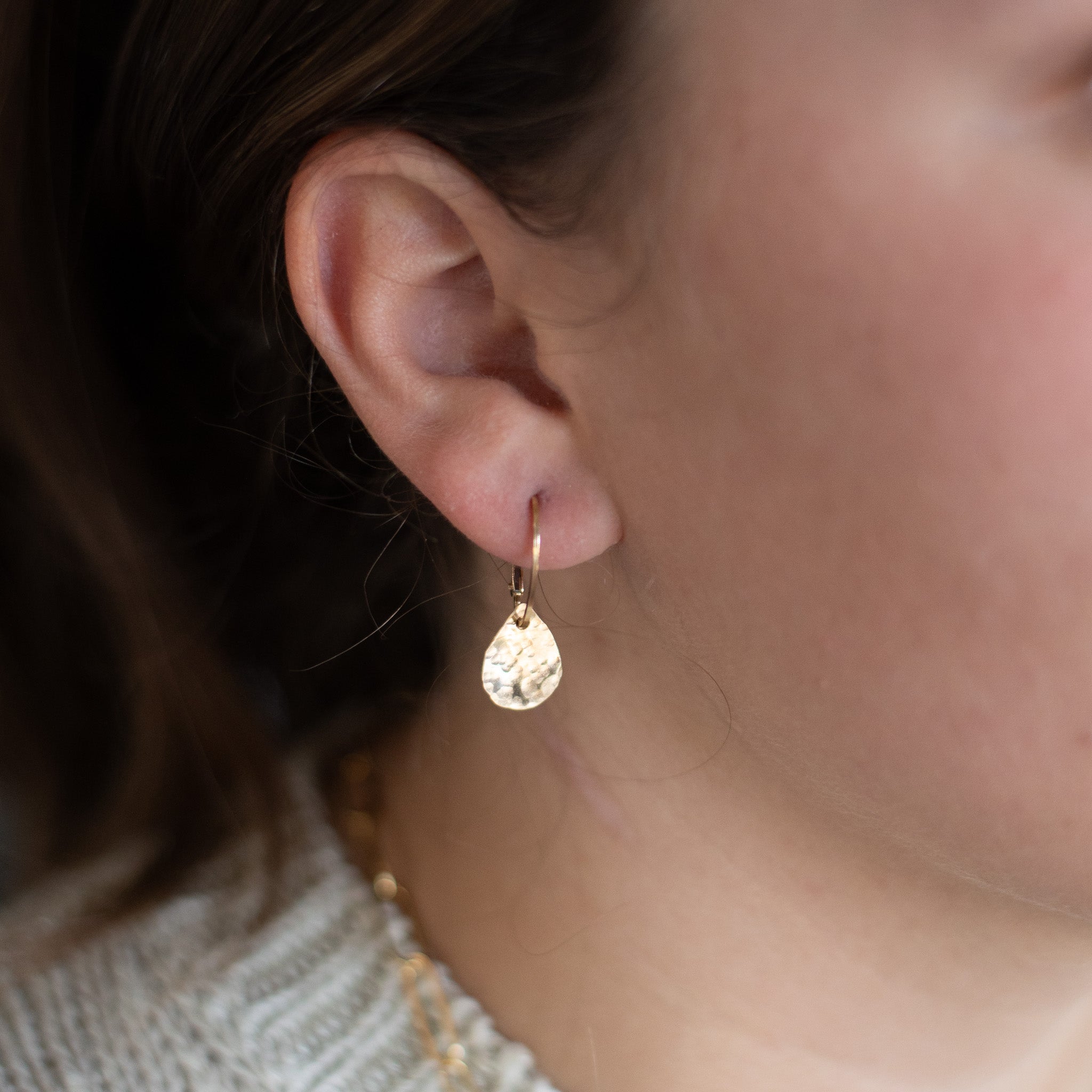 14k Gold Filled Hammered Teardrop Hoop Drops
