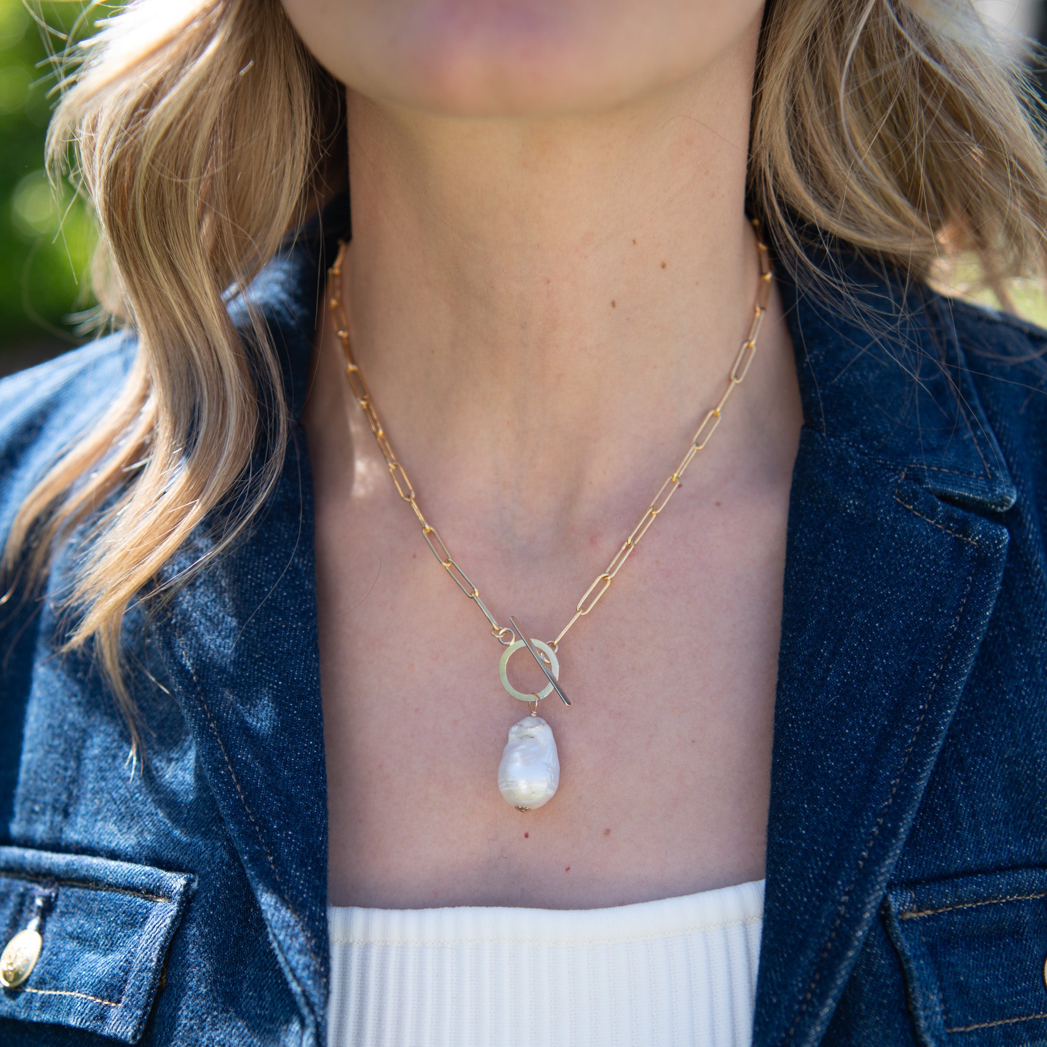 14k Gold Filled Large Toggle Necklace & Baroque Pearl - Jewel Ya