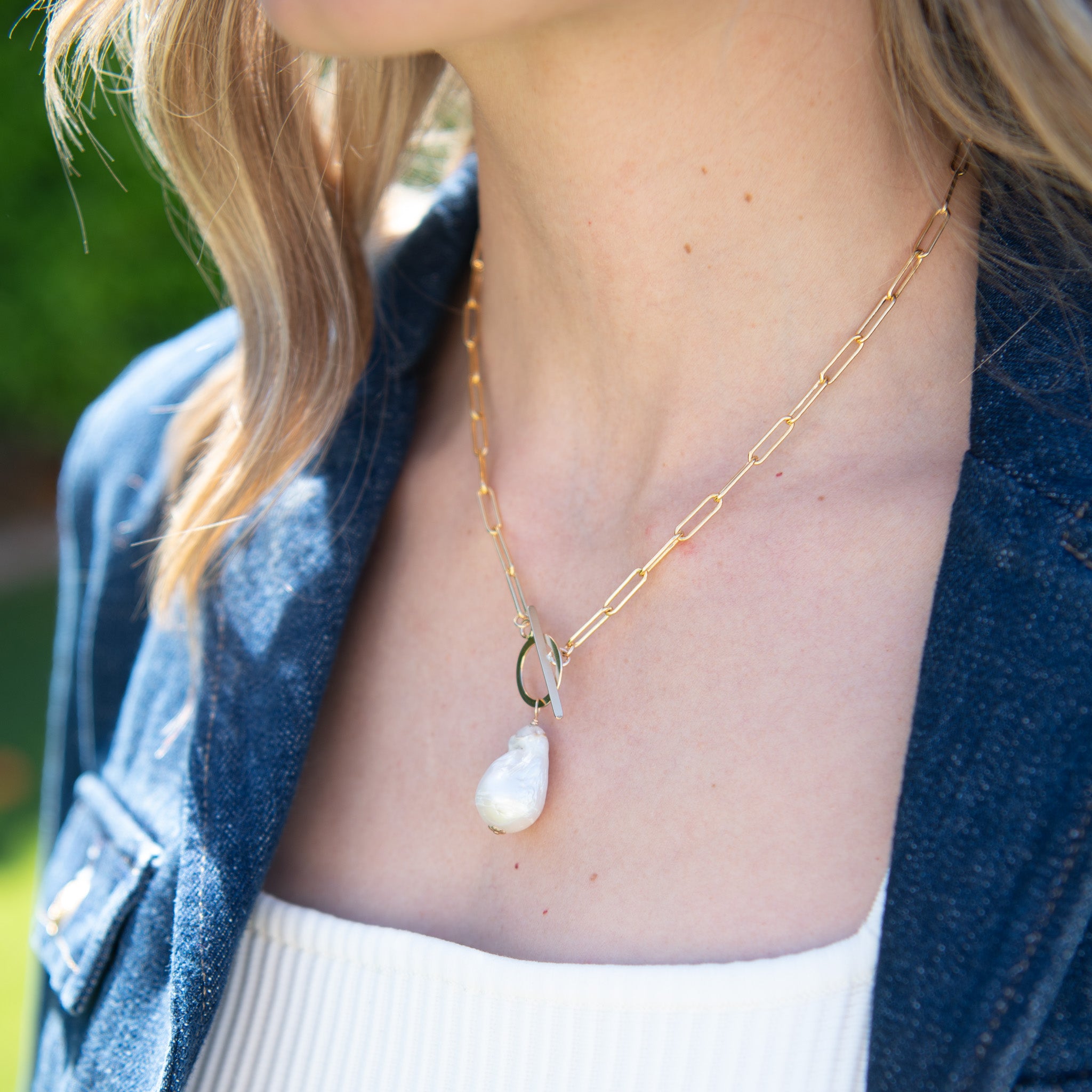 14k Gold Filled Large Toggle Necklace & Baroque Pearl - Jewel Ya