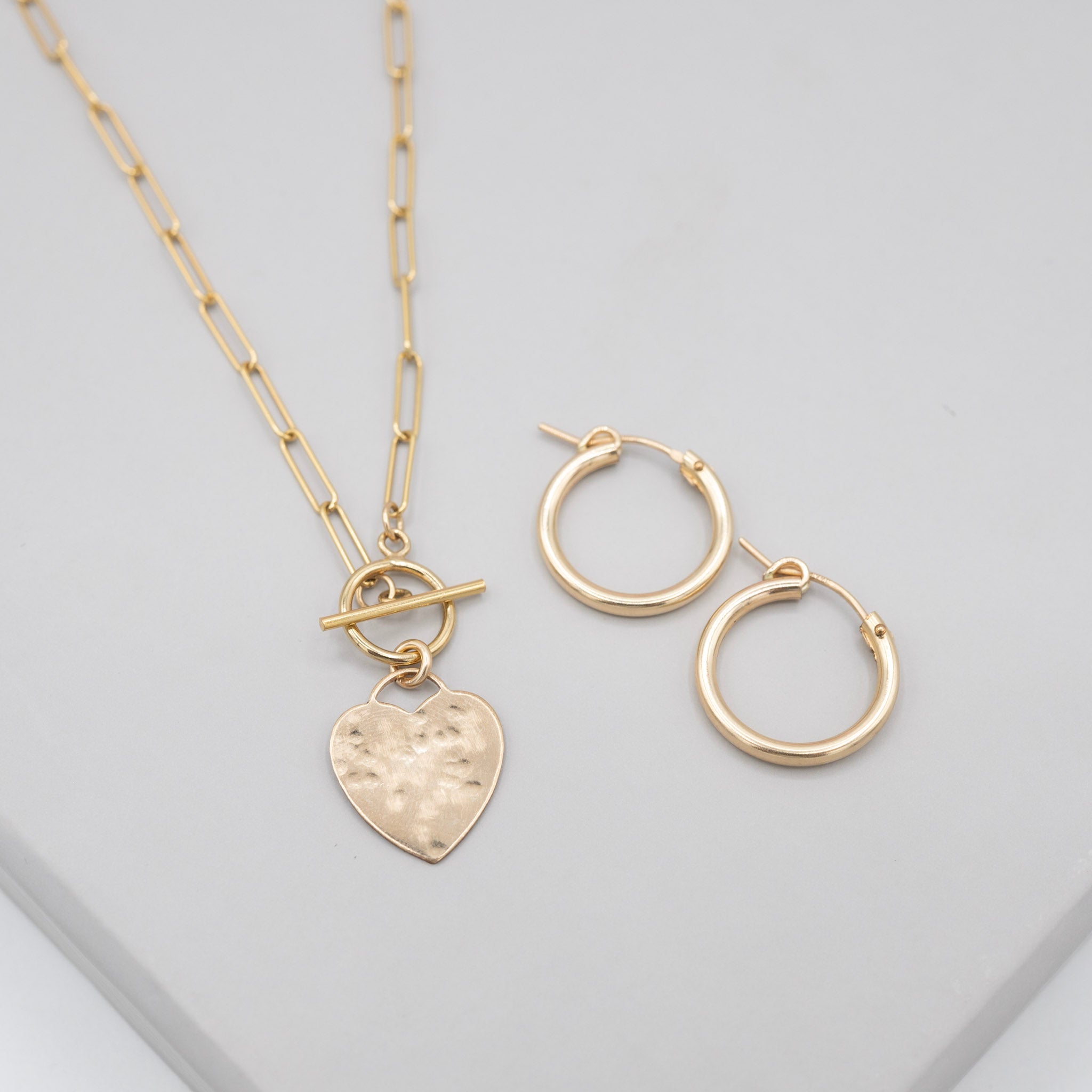 14k Gold Filled Heart Toggle Necklace & Tube Hoop Set - Jewel Ya