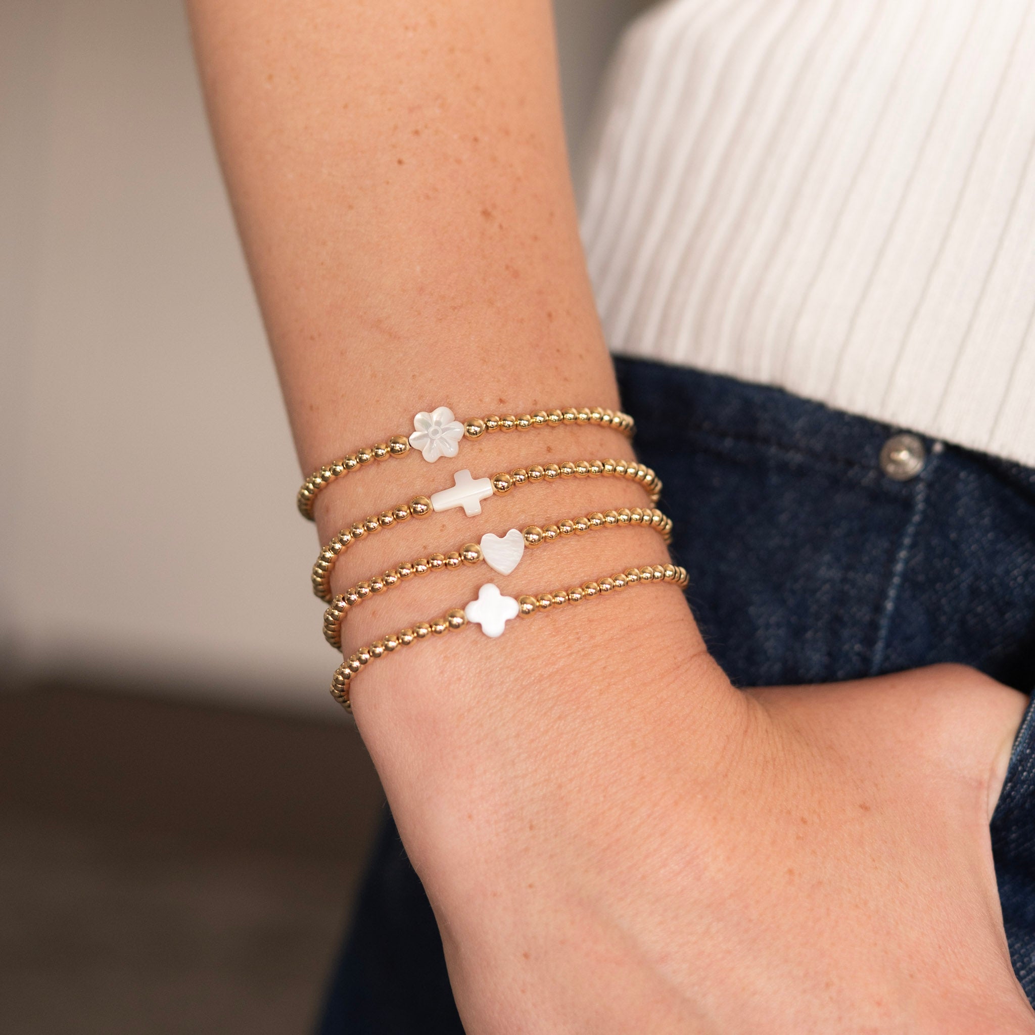 3mm Beaded Lux & Mother of Pearl Charm Bracelet