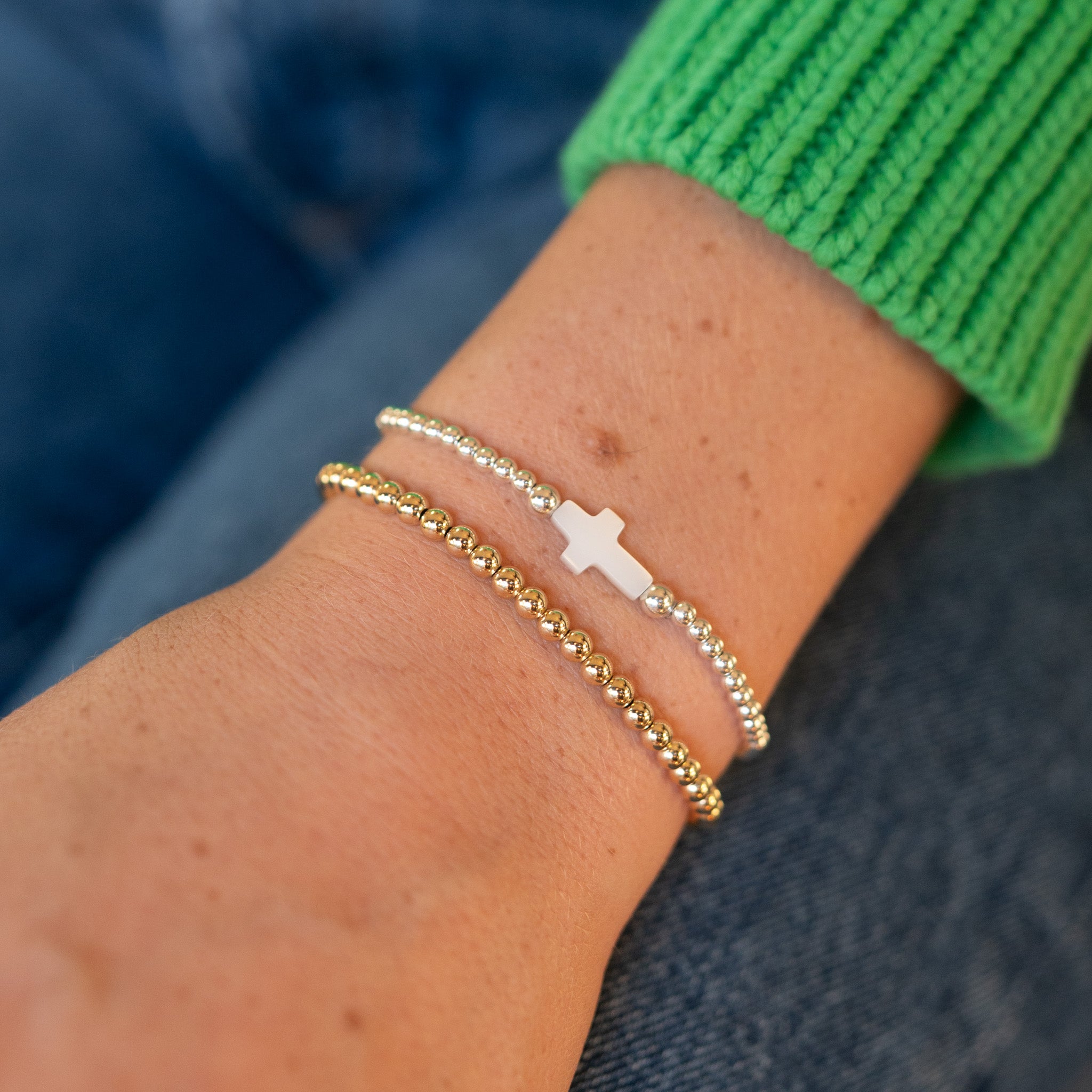 3mm Beaded Lux & Mother of Pearl Cross Bracelet - Jewel Ya