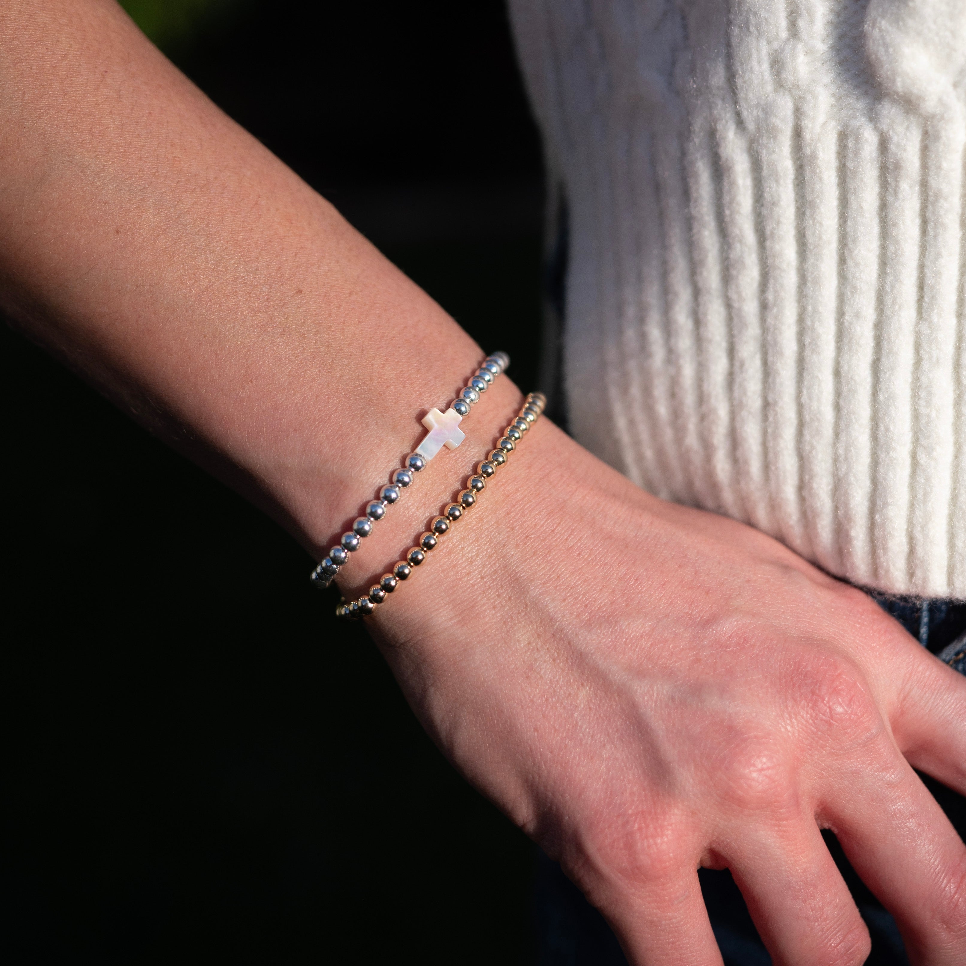 4mm Mother of Pearl Cross Beaded Lux Bracelet Set - Jewel Ya