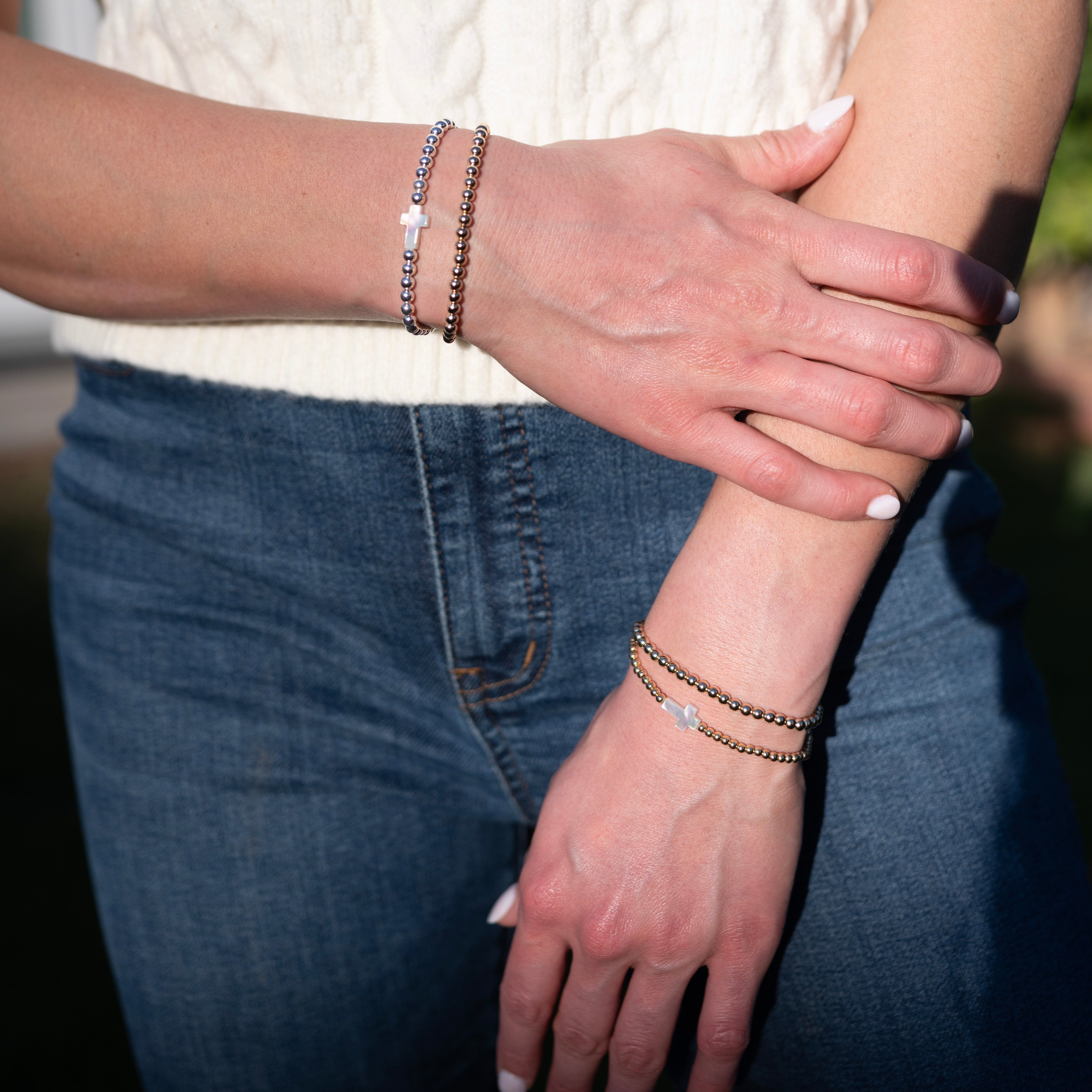 4mm Mother of Pearl Cross Beaded Lux Bracelet Set - Jewel Ya