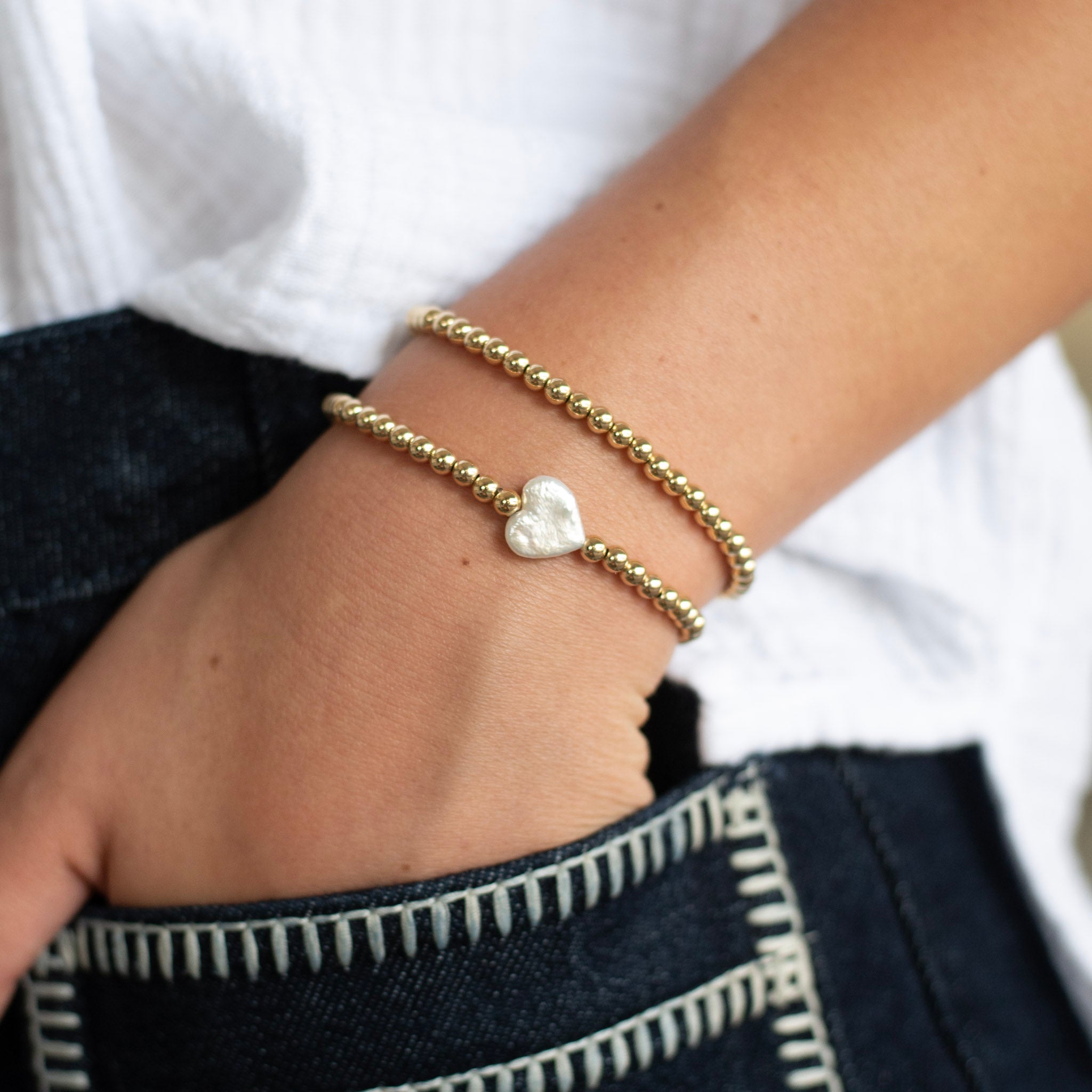 4mm 14k Gold Filled & Freshwater Pearl Heart Bracelet - Jewel Ya