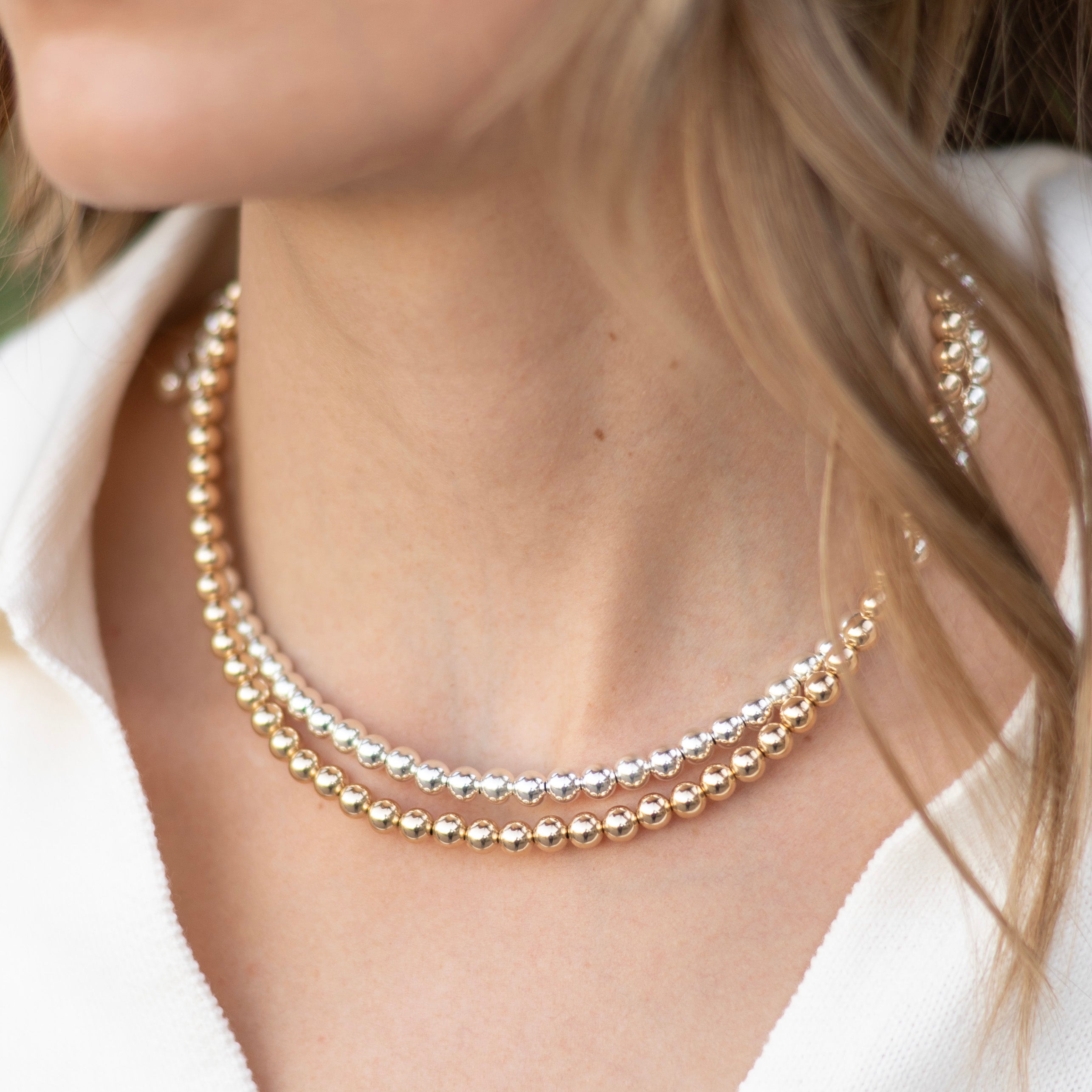 6mm Sterling Silver 14k Gold Filled Beaded Necklace Layering Set