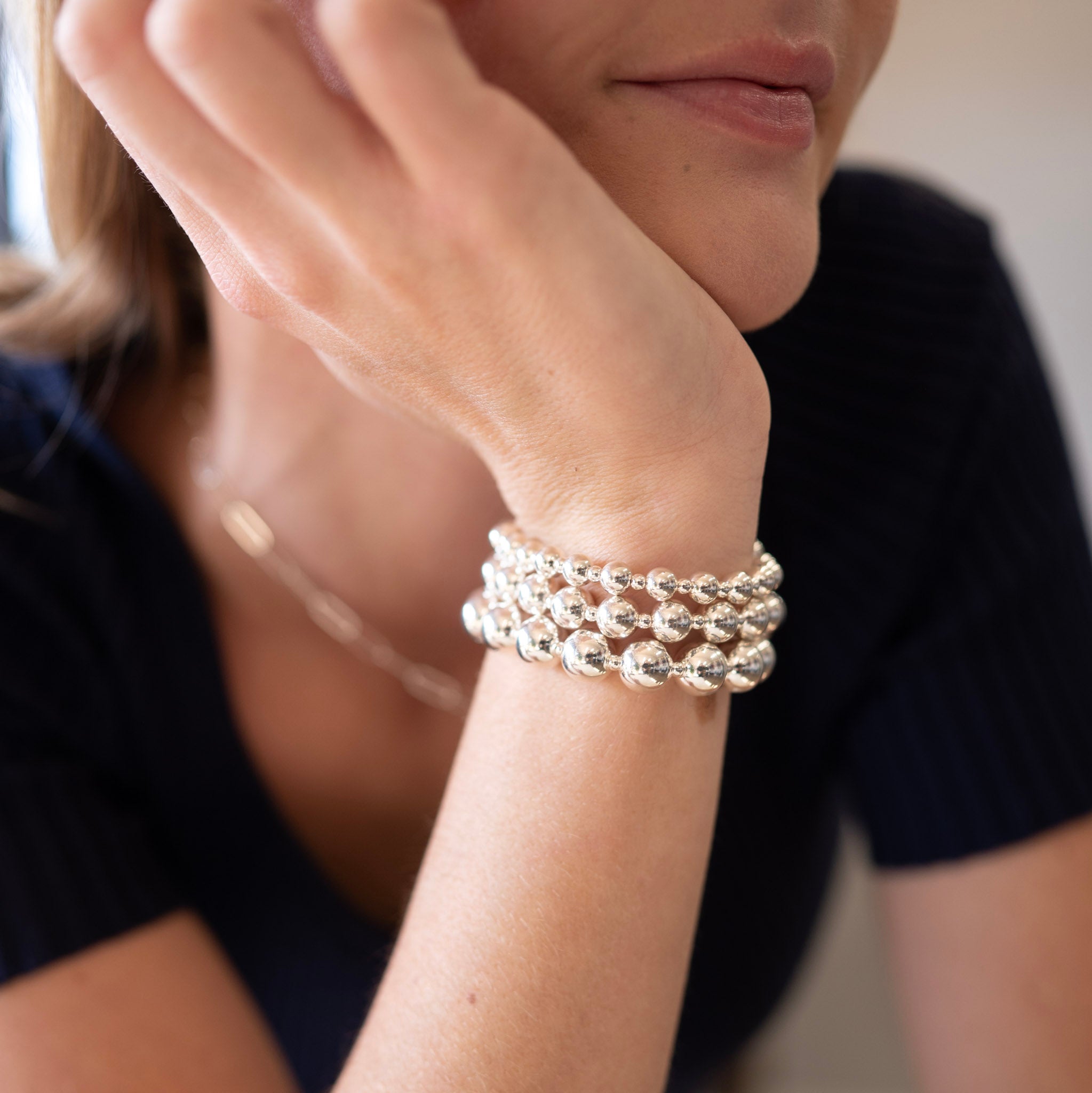 8mm Alternating Sterling Silver Beaded Bracelet