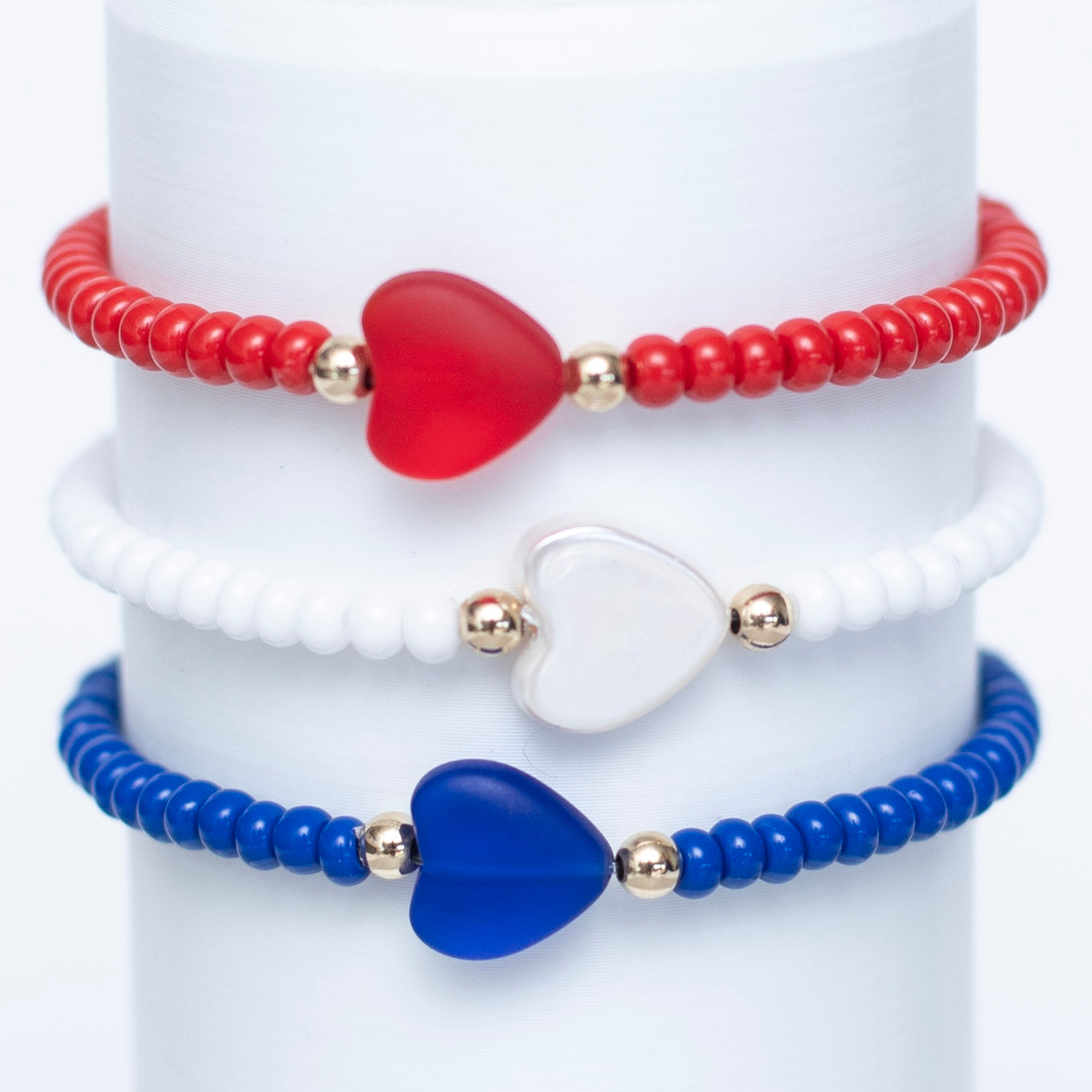 Americana July 4th Seed Bead Heart Stacker Bracelet