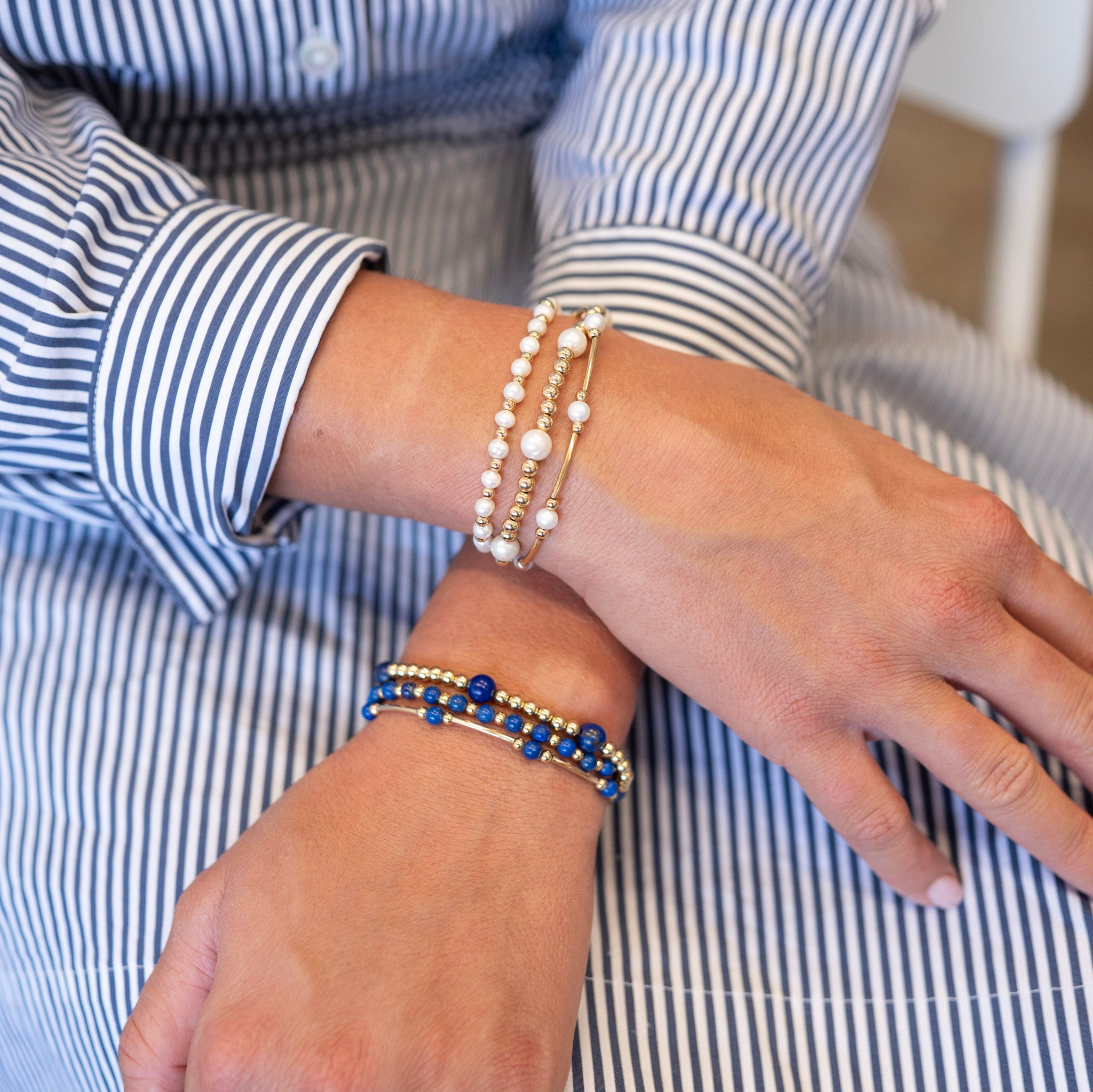 Americana Style Lapis and Freshwater Pearl Bracelet Stacks