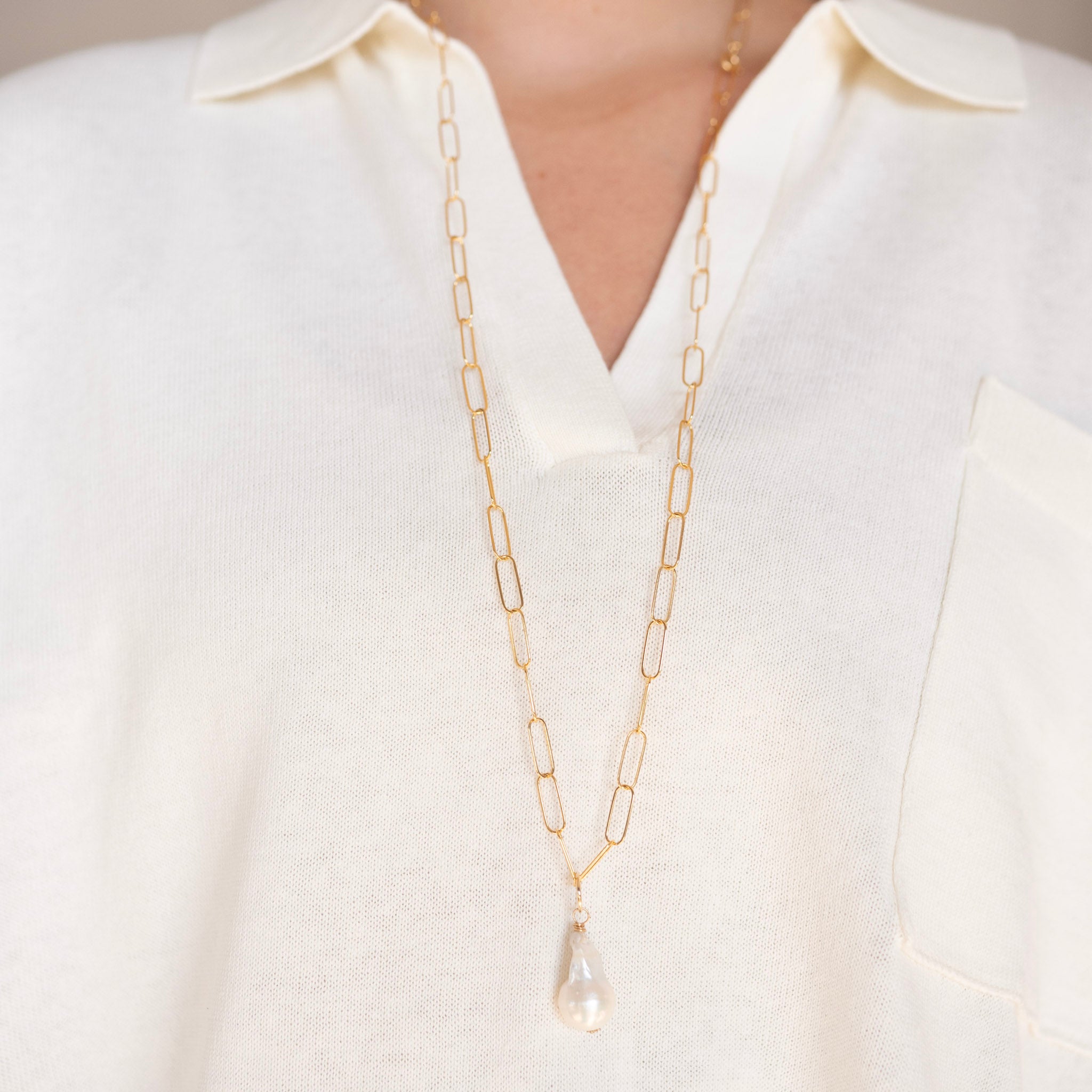 Baroque Pearl & Paperclip Chain Necklace - Jewel Ya