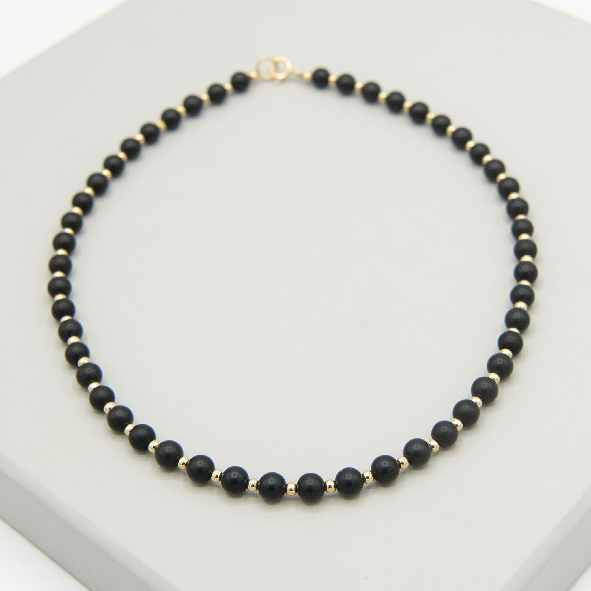8mm Matte Black Onyx & 14k Gold Filled Beaded Necklace - Jewel Ya