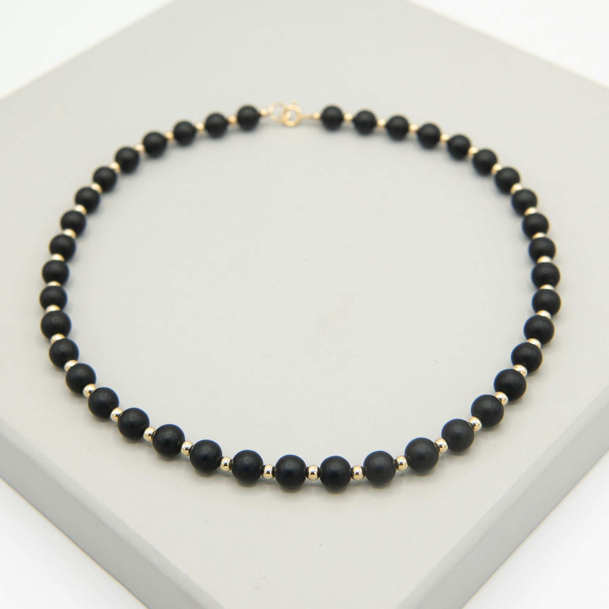 8mm Matte Black Onyx & 14k Gold Filled Beaded Necklace - Jewel Ya