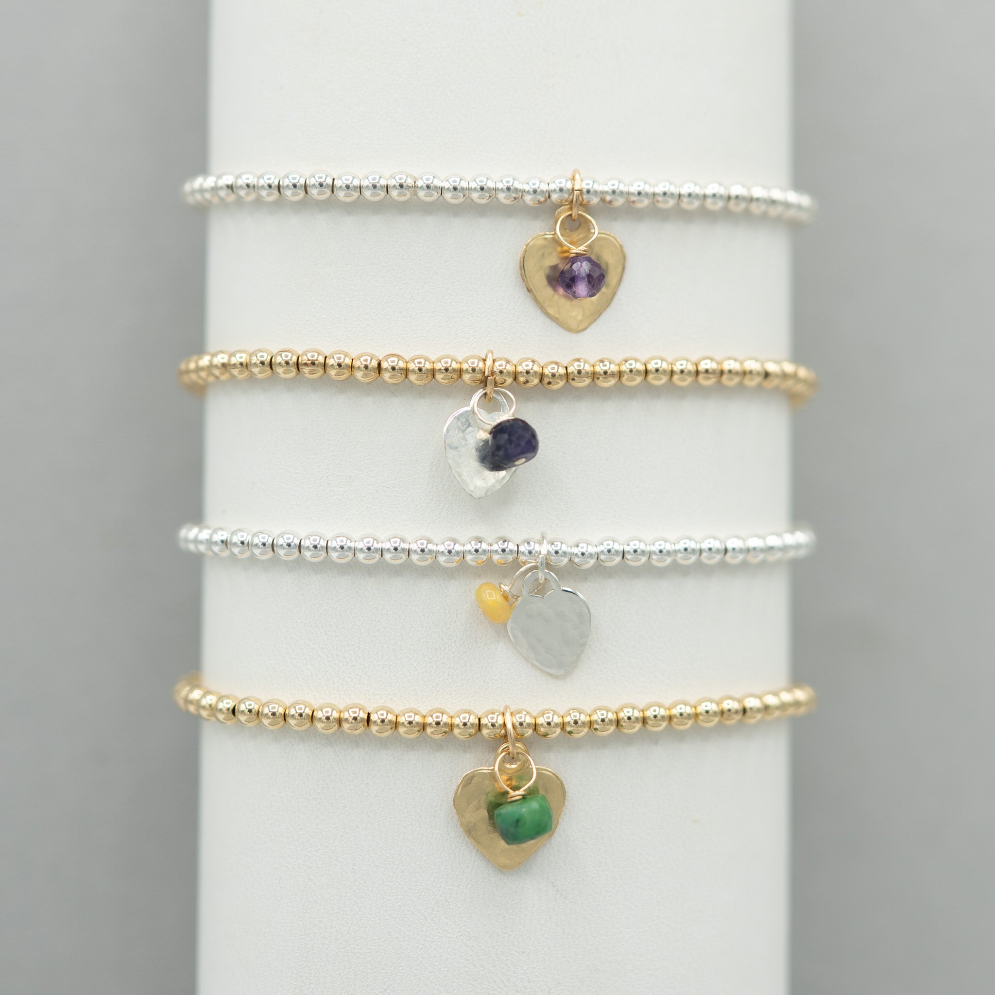 Custom 3mm Beaded Lux Birthstone Heart Bracelet - Jewel Ya
