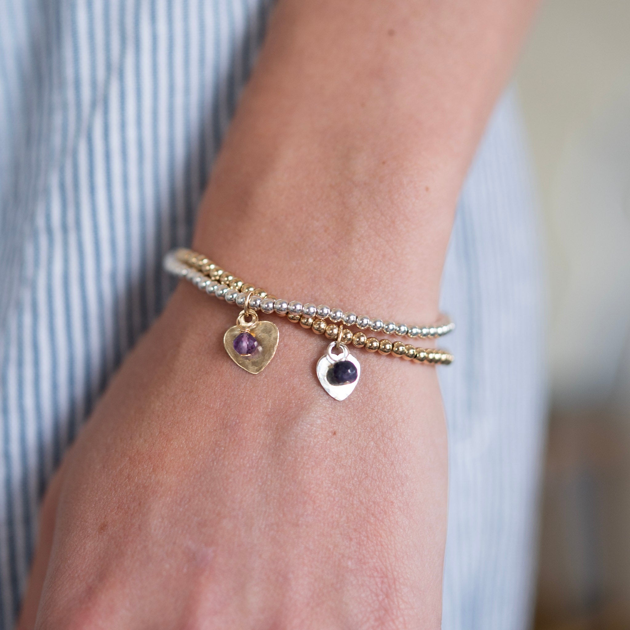 Custom 3mm Beaded Lux Birthstone Heart Bracelet