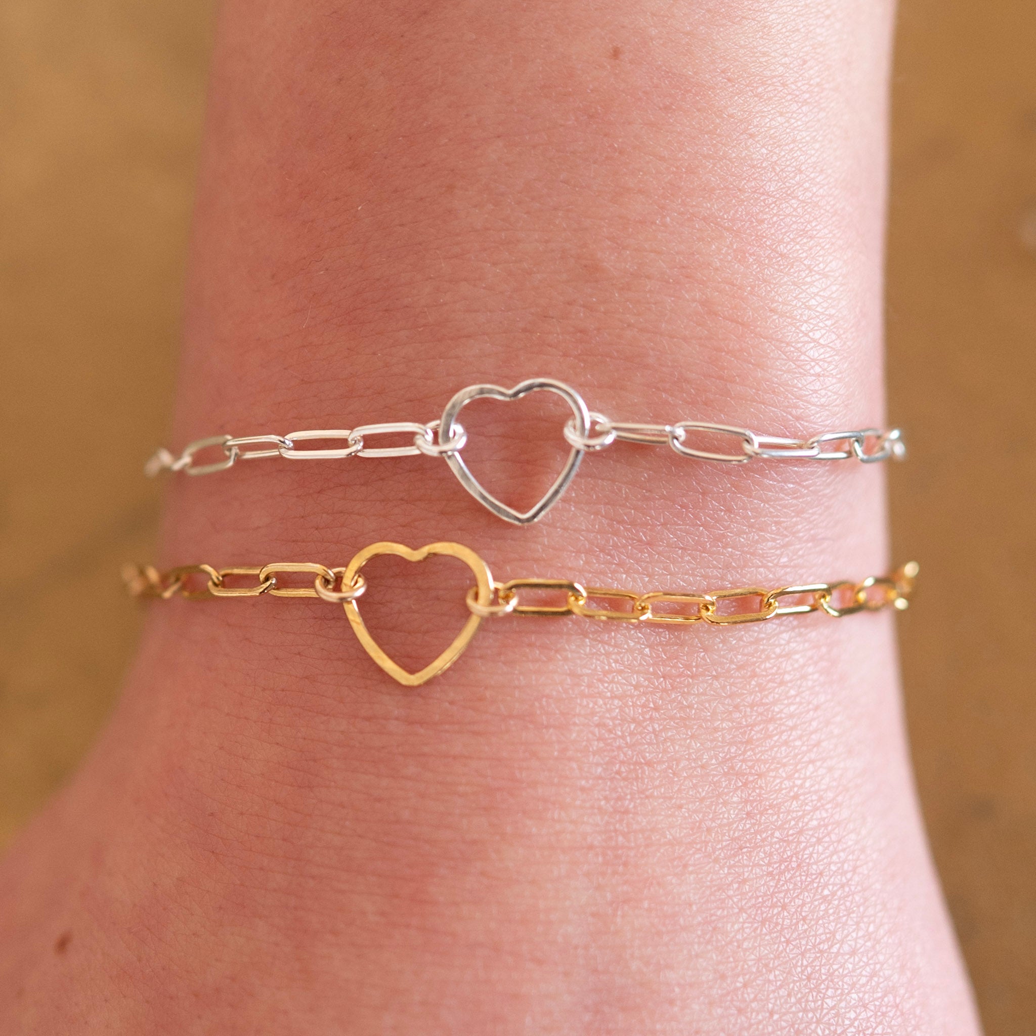 Sterling Silver Small Paperclip Heart Link Bracelet