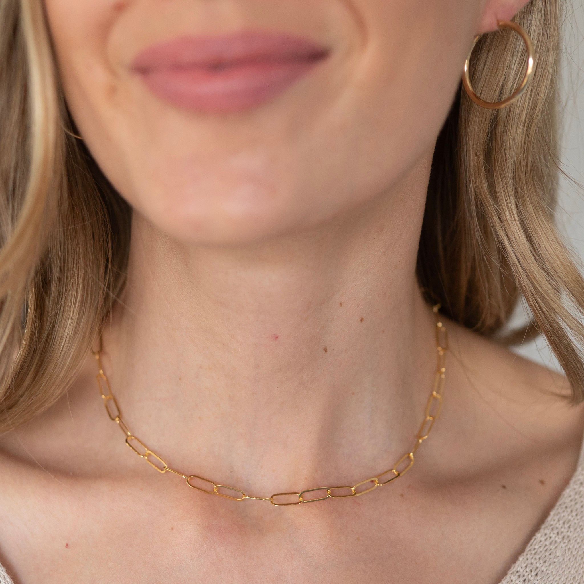 Midi Paperclip Chain Necklace & Tube Hoop Earring Set