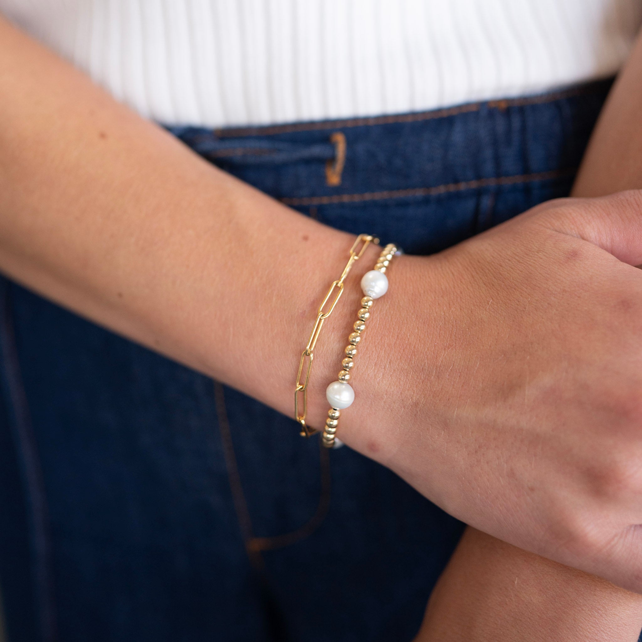 Freshwater Pearl Station & Paperclip Chain Bracelet Set