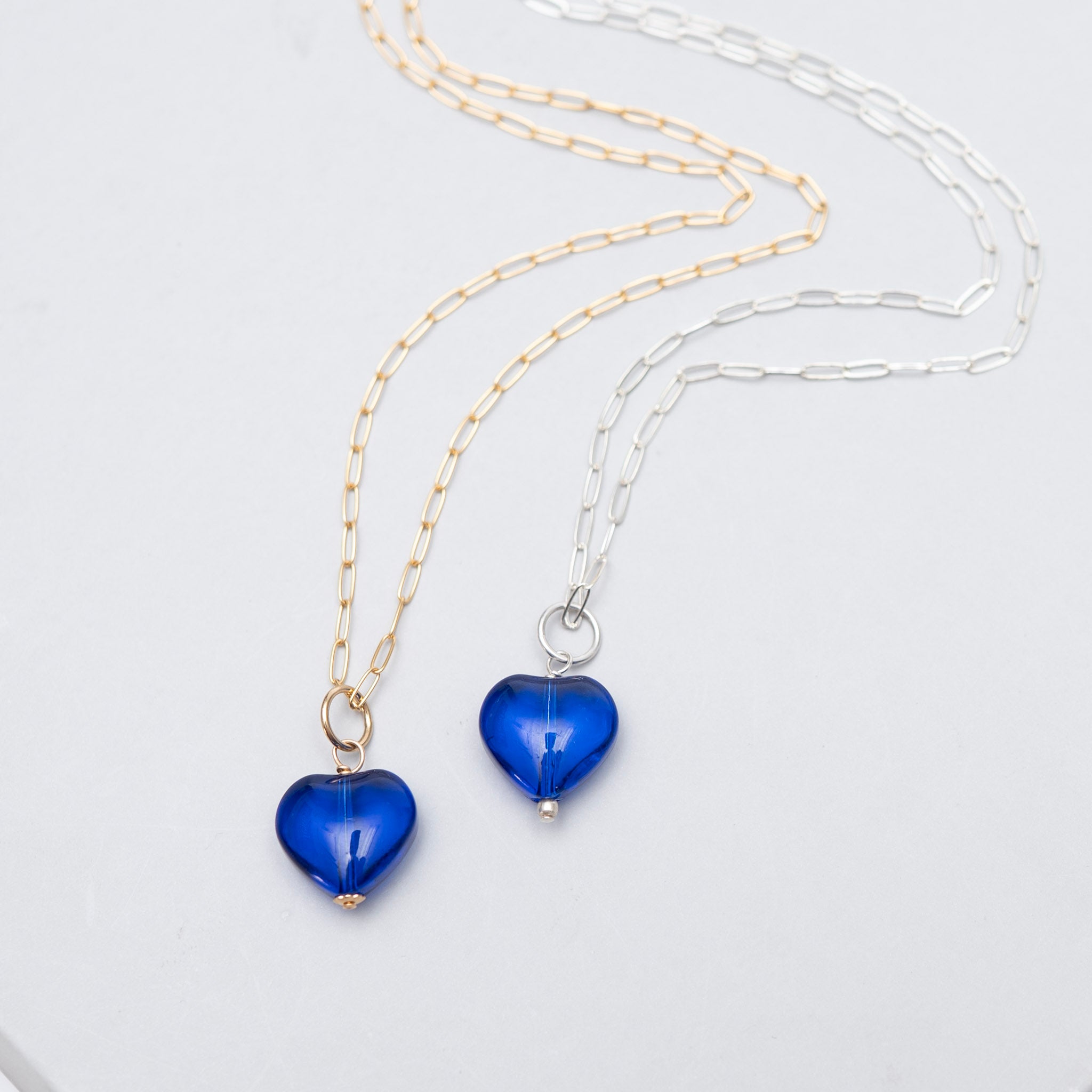 Blue Glass Heart Charm Paperclip Necklace - ALS Fundraiser