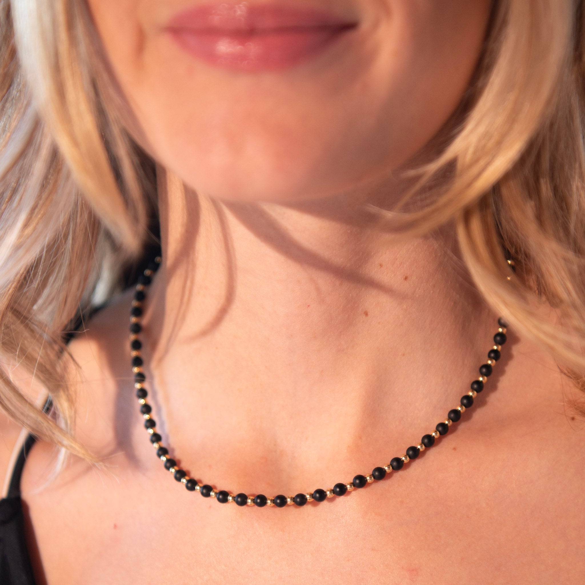 6mm Matte Black Onyx & 14k Gold Filled Beaded Necklace - Jewel Ya
