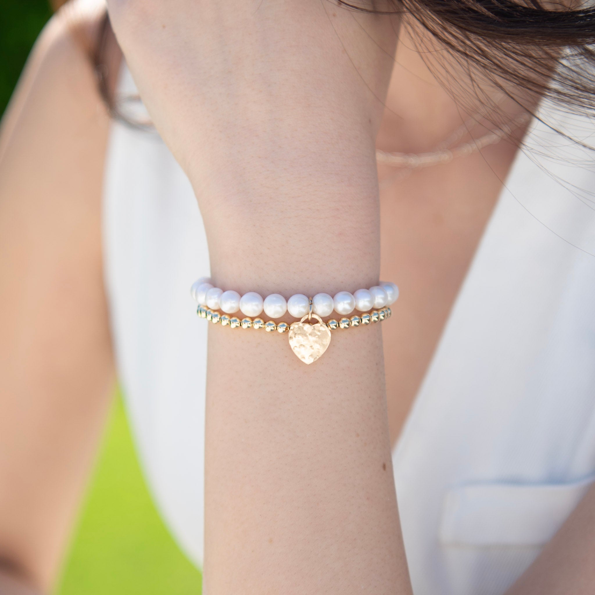 Freshwater Pearl & 14k Gold Filled Heart Bracelet Set - Jewel Ya