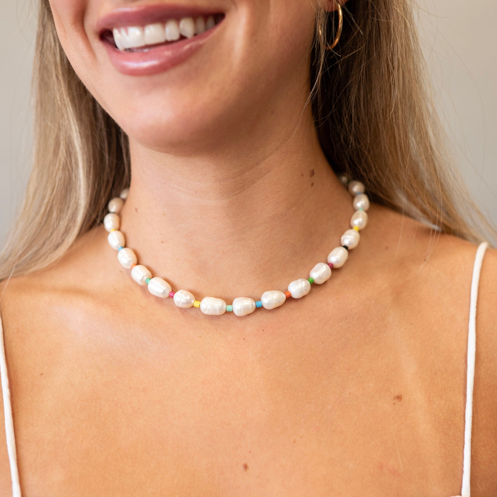 Freshwater Pearl & Colorful Summer Enamel Bead Statement Necklace
