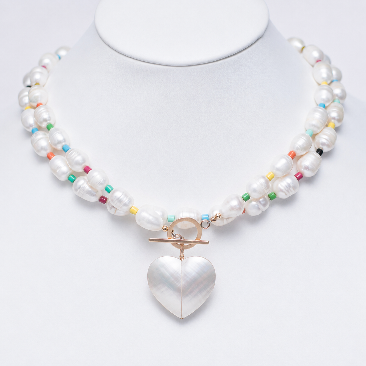 Freshwater Pearl & Enamel Bead Heart Toggle Necklace