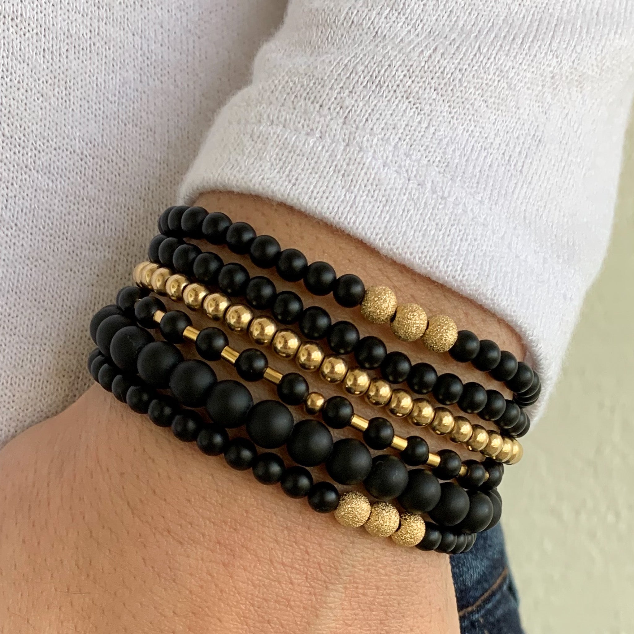 Black Onyx & 14k Gold Filled Tube Bracelet Set - Jewel Ya