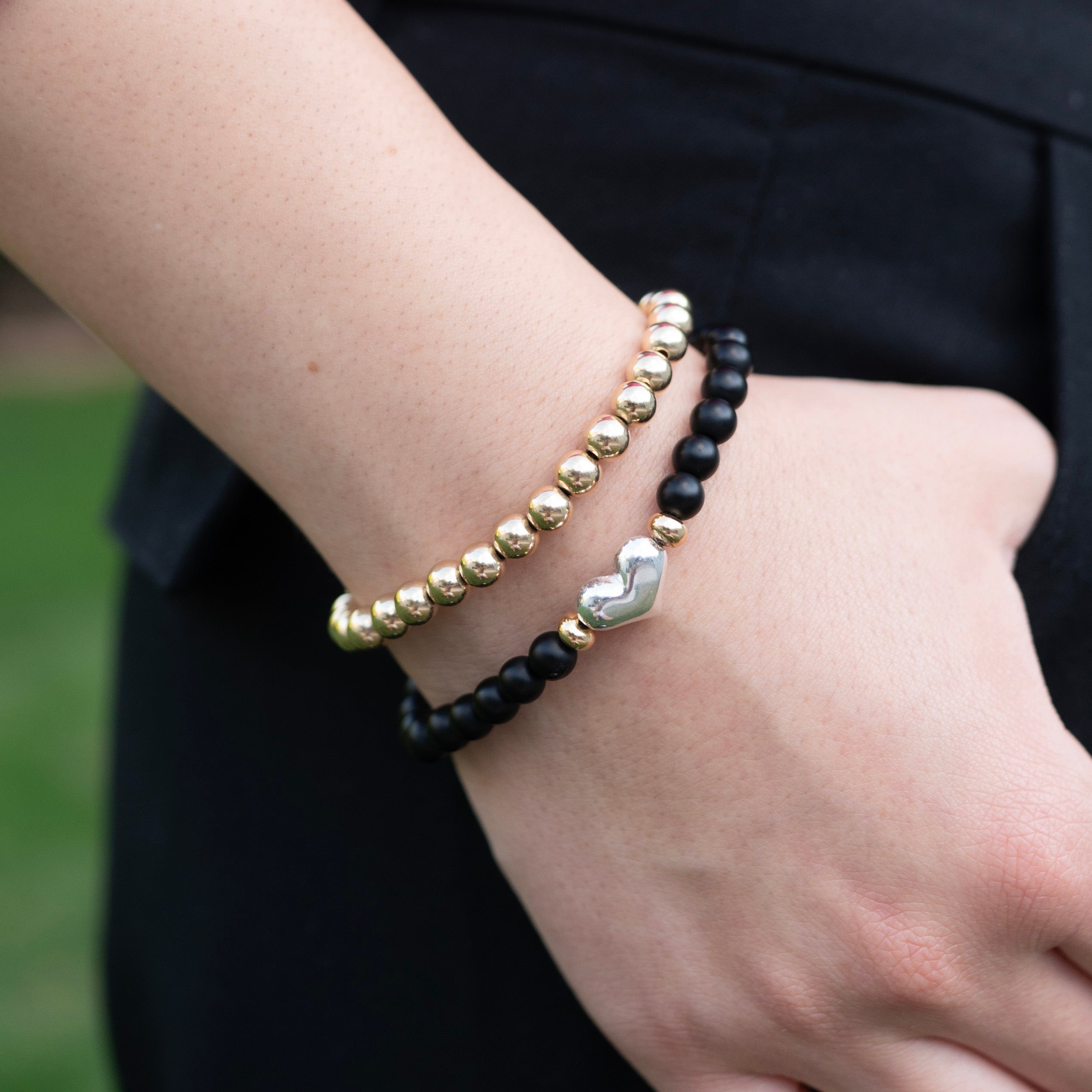 Matte Black Onyx Heart Bracelet & Beaded Lux Stacking Set - Jewel Ya