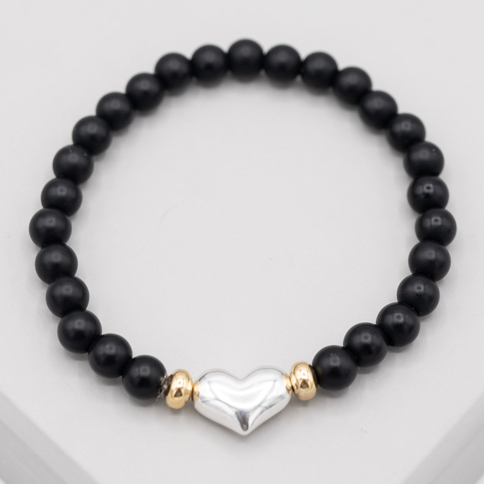 6mm Matte Black Onyx Puffy Heart Bracelet - Jewel Ya