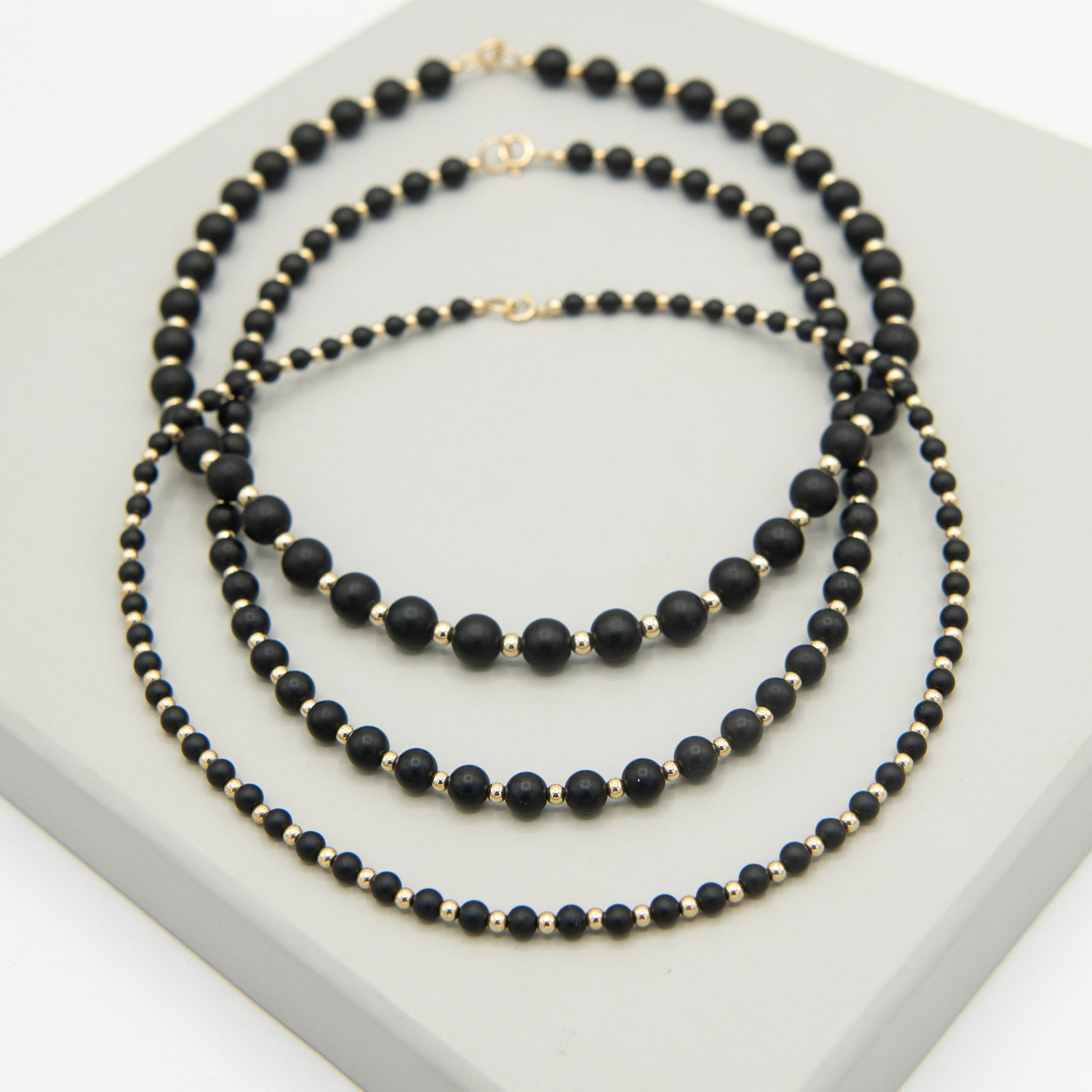8mm Matte Black Onyx & 14k Gold Filled Beaded Necklace - Jewel Ya