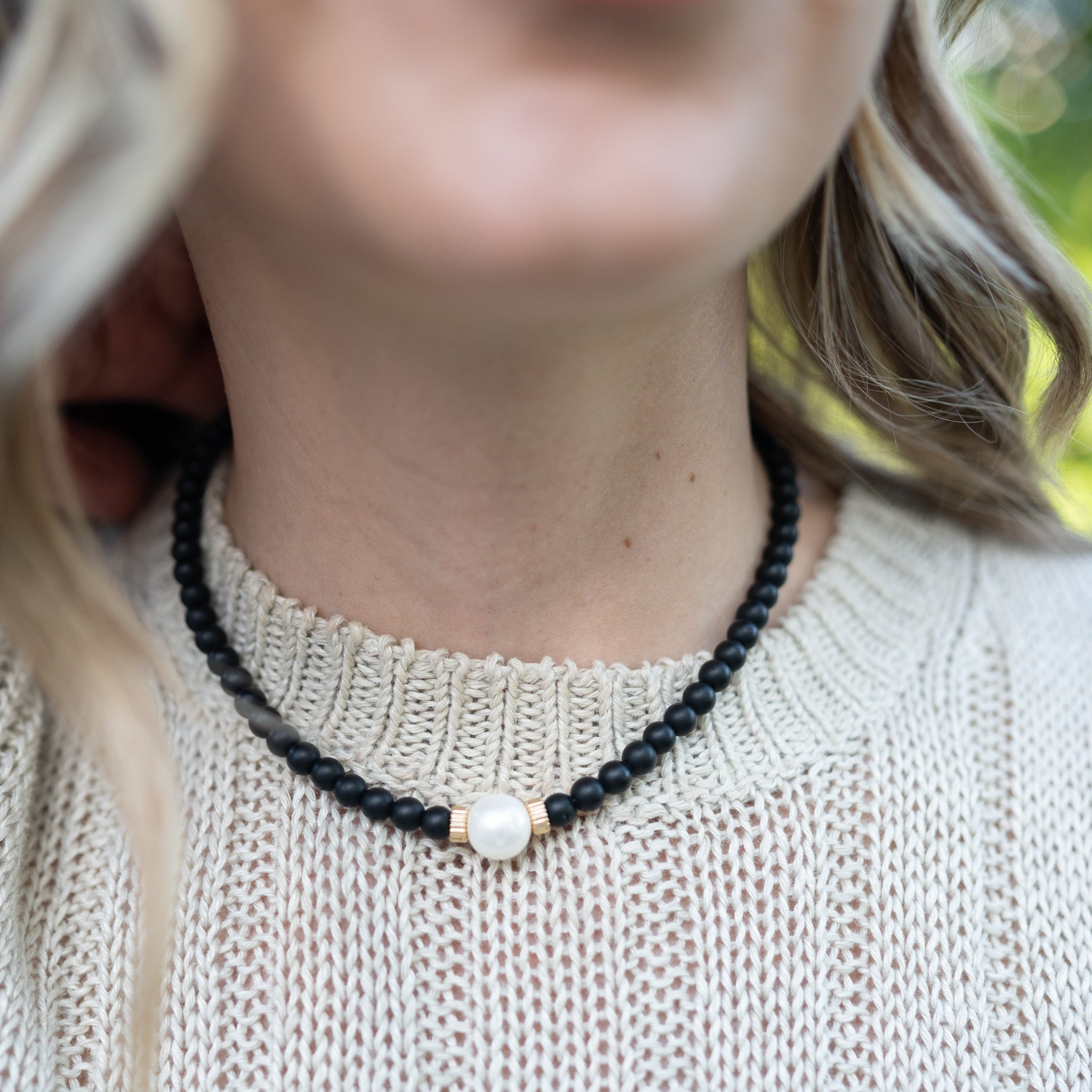 Matte Black & Freshwater Pearl Necklace - Jewel Ya