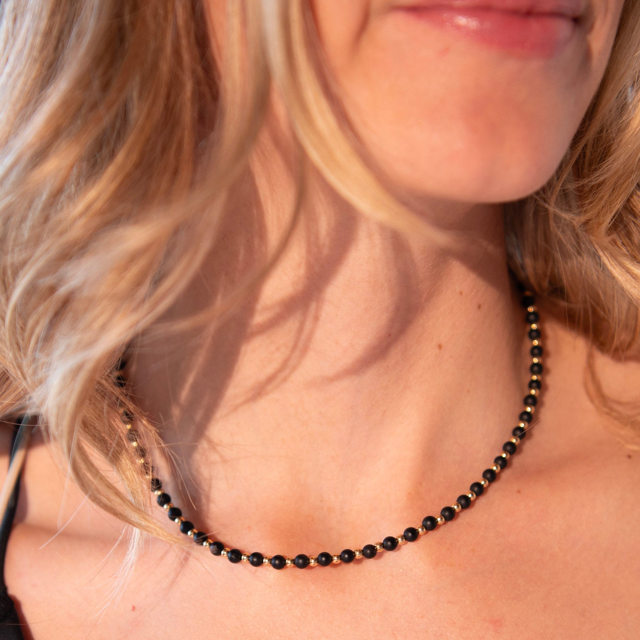 6mm Matte Black Onyx & 14k Gold Filled Beaded Necklace - Jewel Ya