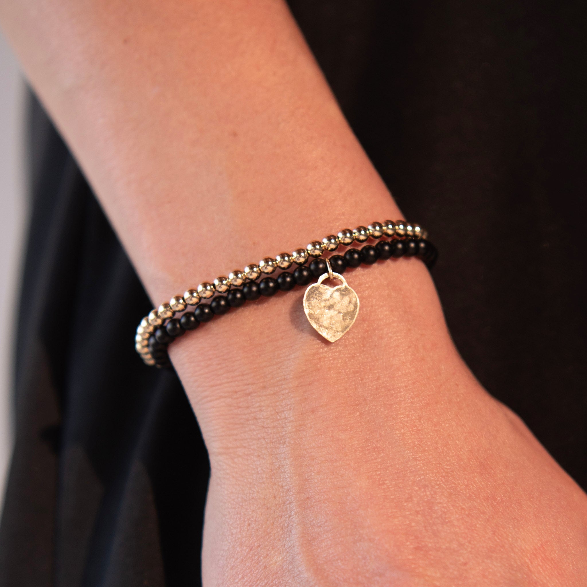 Matte Black Onyx Heart & 14k Gold Filled Bracelet Set - Jewel Ya