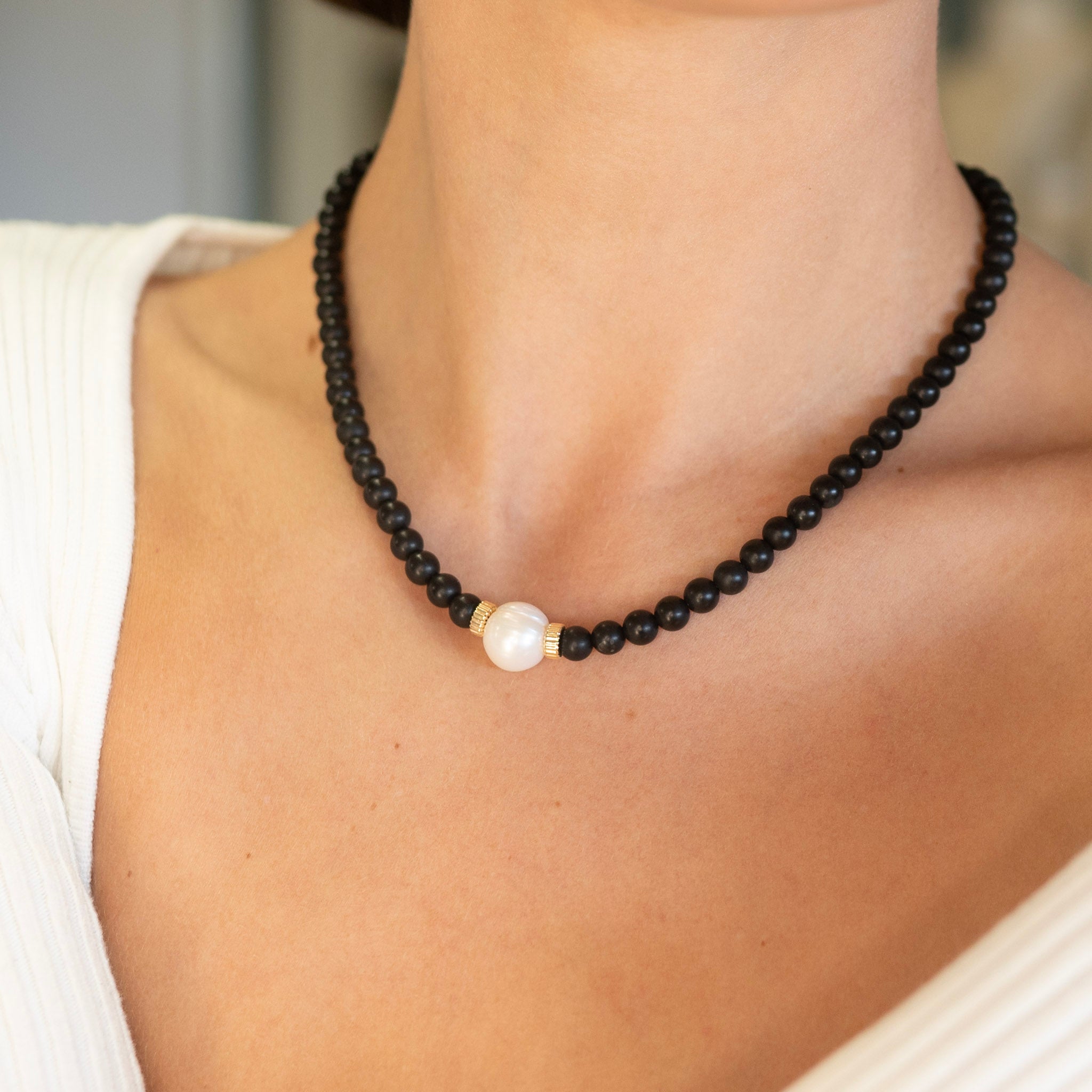 Matte Black Onyx & Freshwater Pearl Necklace - Jewel Ya