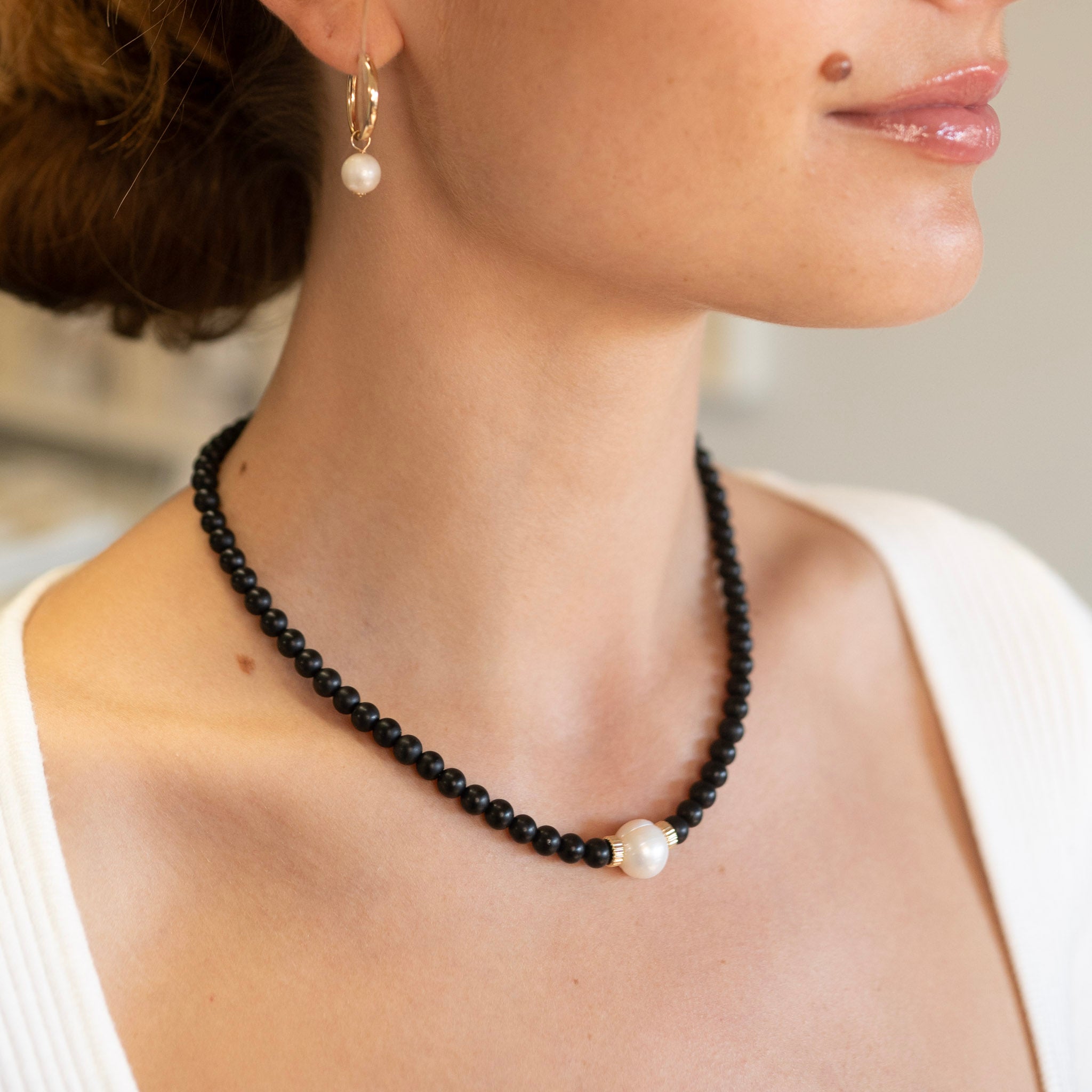 Matte Black Onyx & Freshwater Pearl Necklace - Jewel Ya