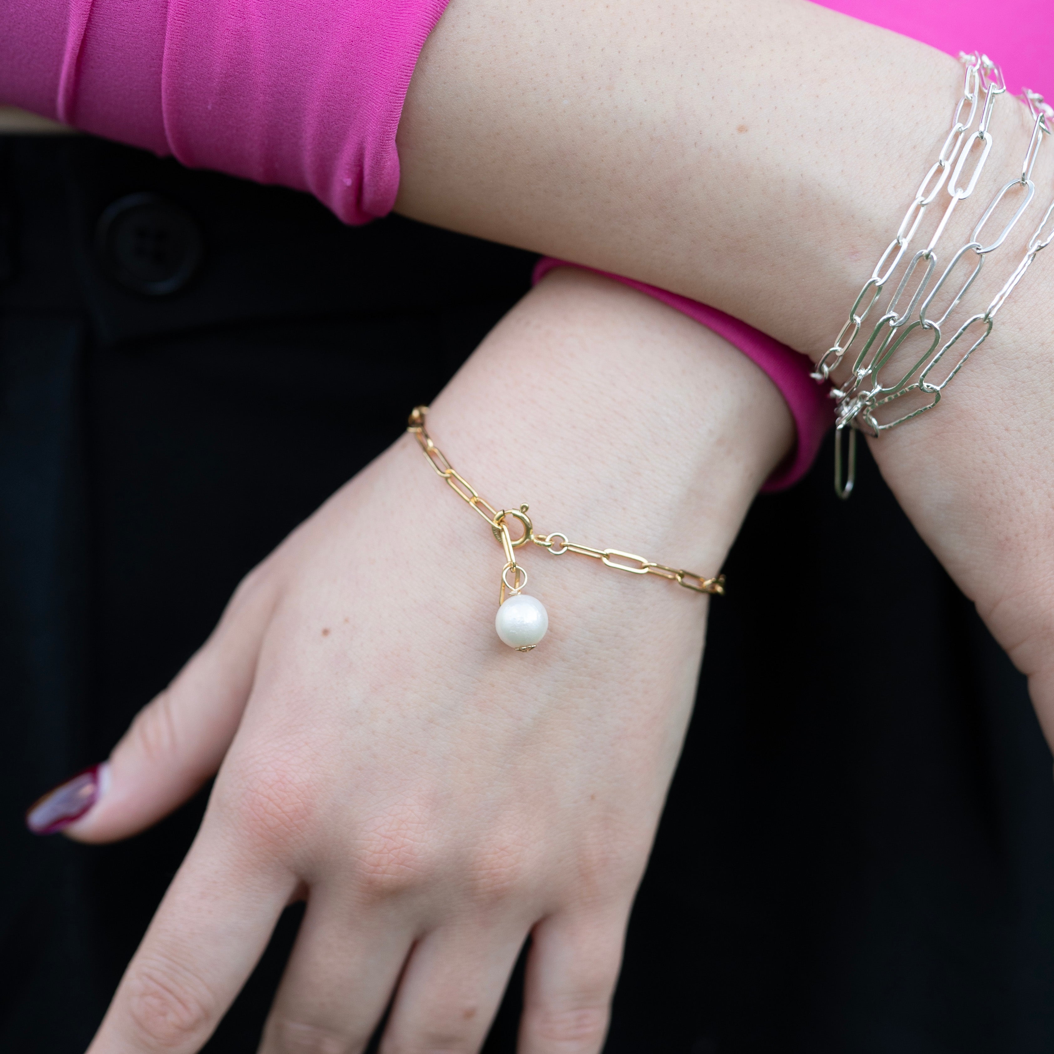 Medium Paper Clip Freshwater Pearl Charm Bracelet - Jewel Ya