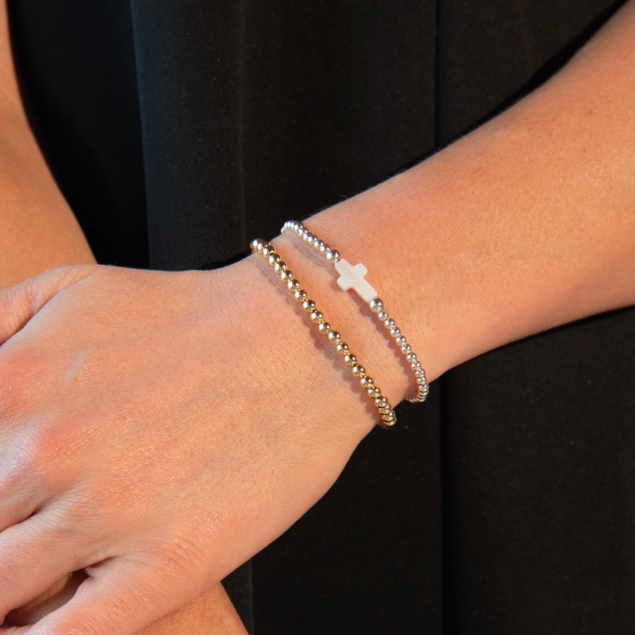 3mm Beaded Lux & Mother of Pearl Cross Bracelet - Jewel Ya
