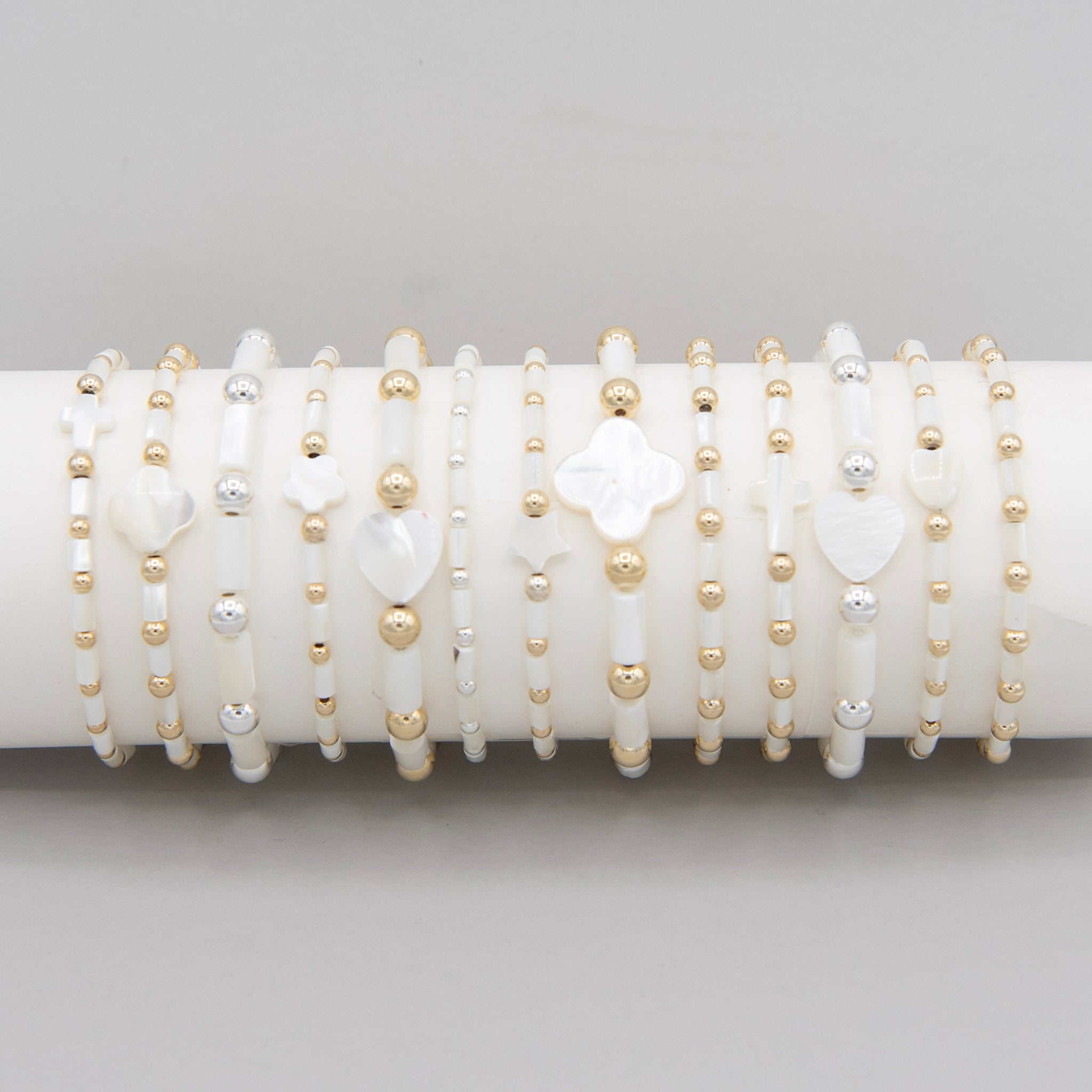 Mother of Pearl & 6mm Beaded Lux Tube Bracelet - Jewel Ya
