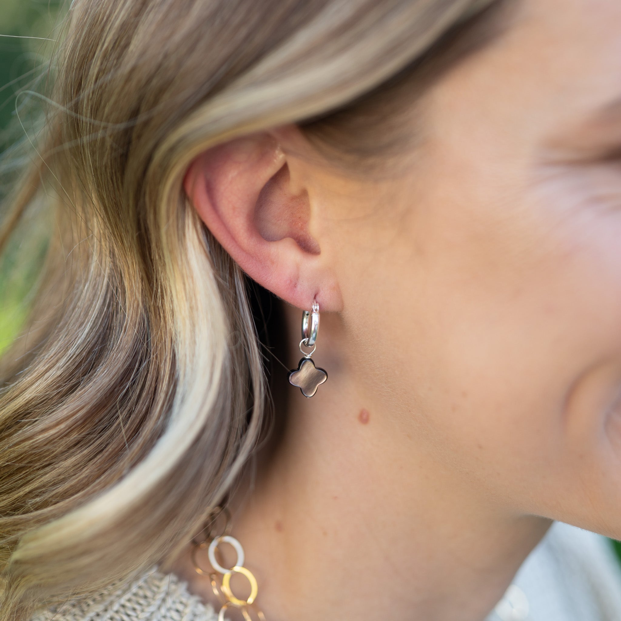 Mother of Pearl Black Clover Hoop Drops - Jewel Ya