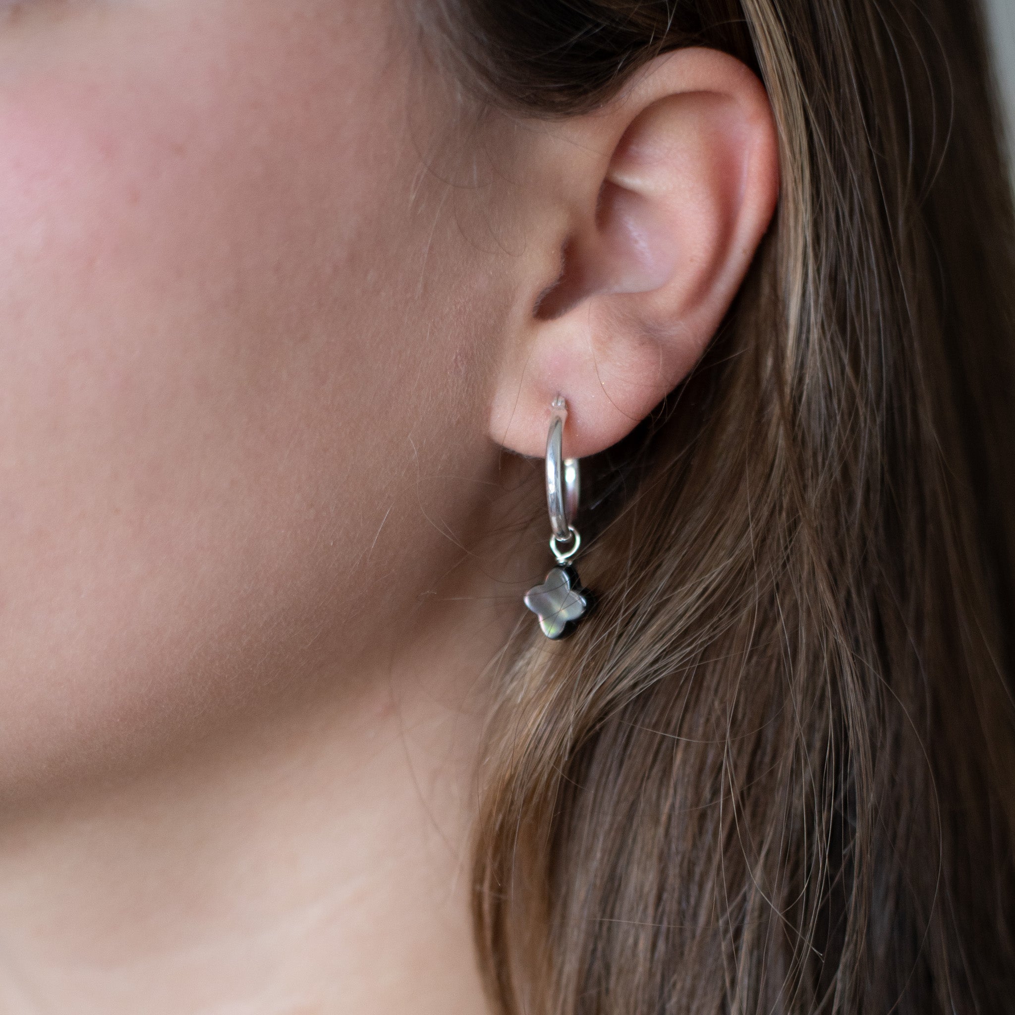 Mother of Pearl Black Clover Hoop Drops - Jewel Ya