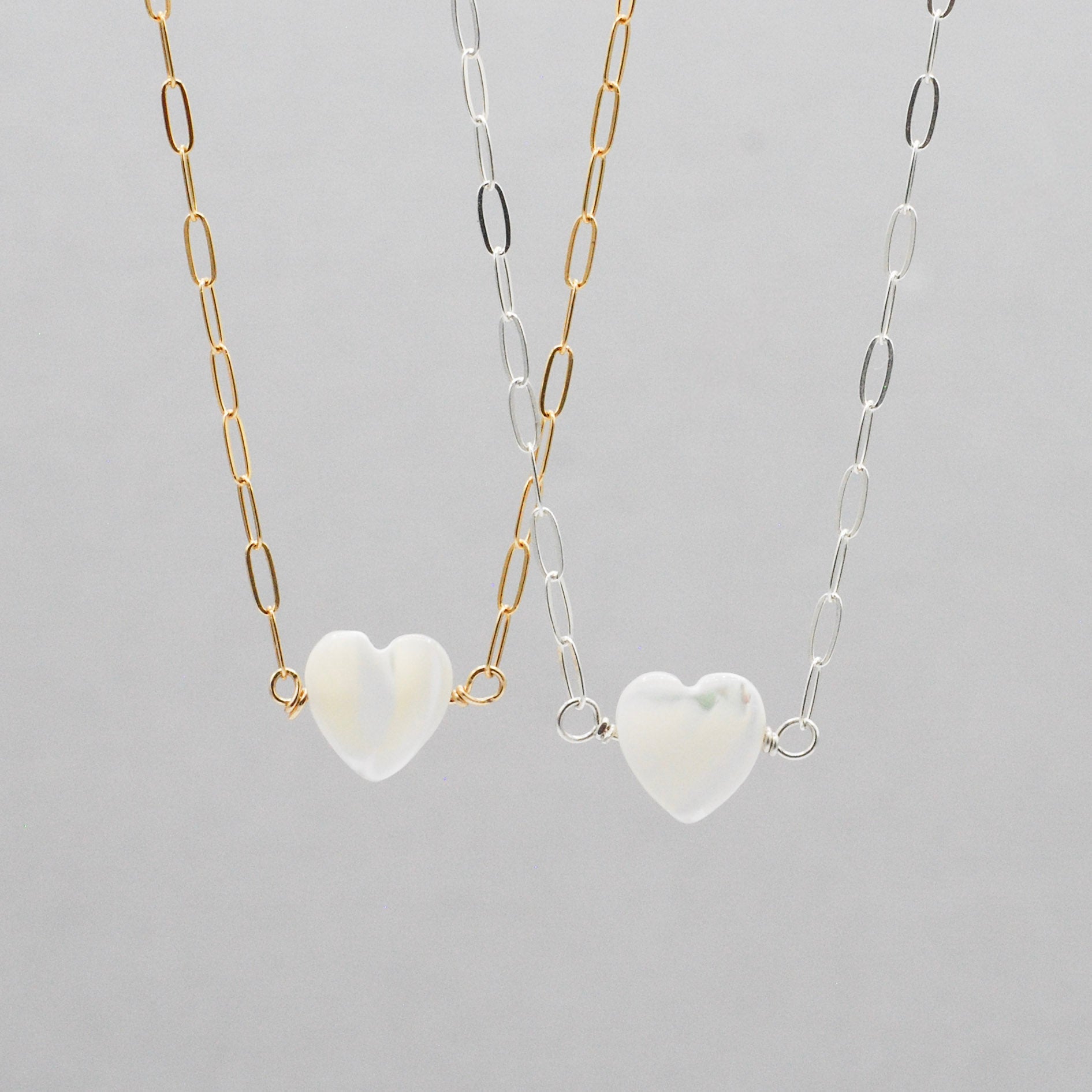 Mother of Pearl Heart Petite Paper Clip Necklace - Jewel Ya