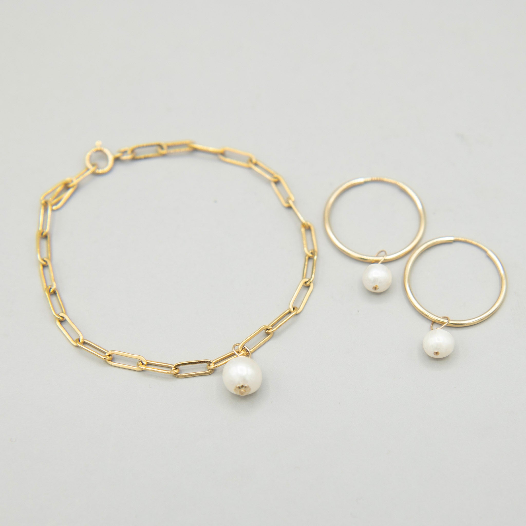 14k Gold Filled Chain Bracelet & Pearl Hoop Set - Jewel Ya