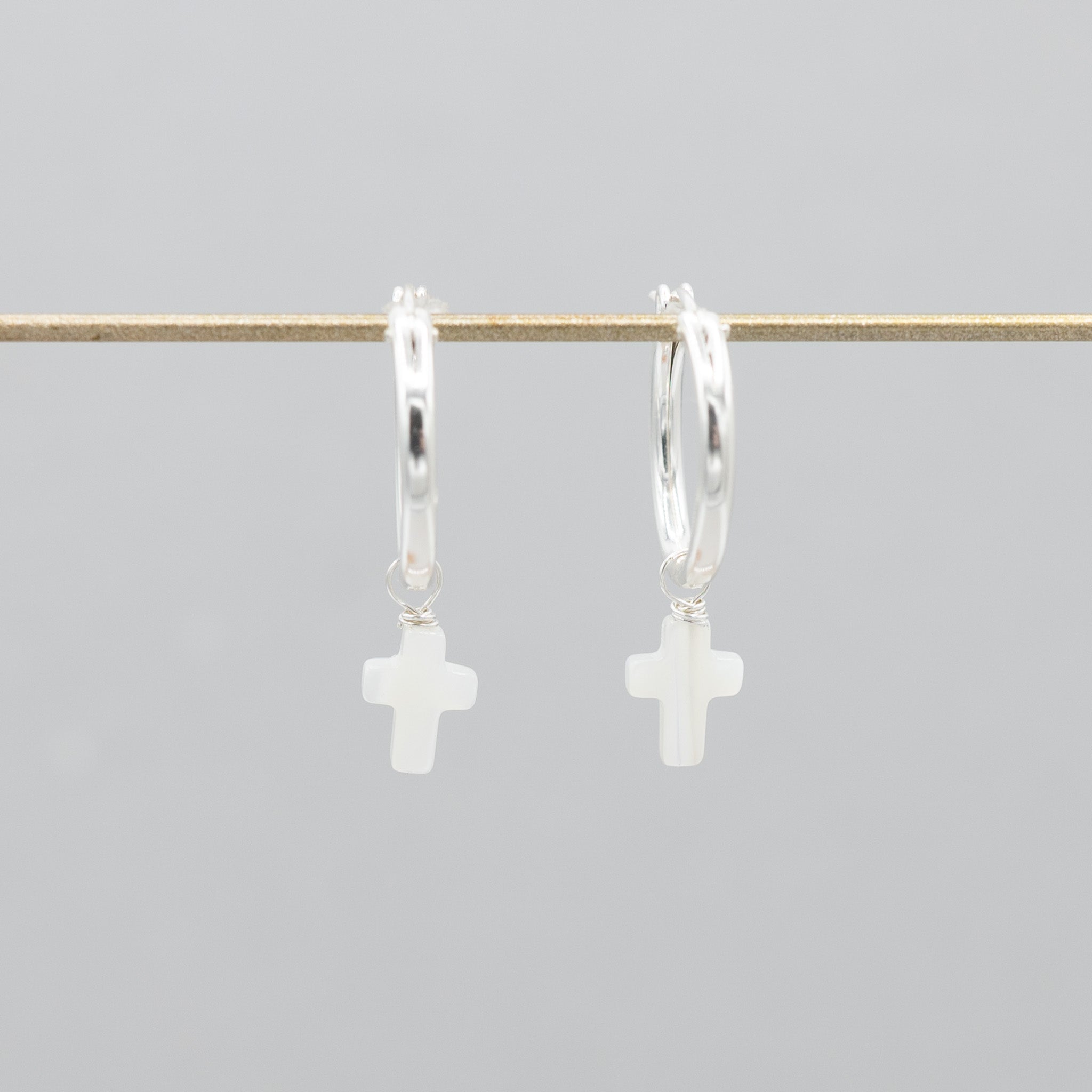 Petite Mother of Pearl Cross Hoop Drops - Jewel Ya