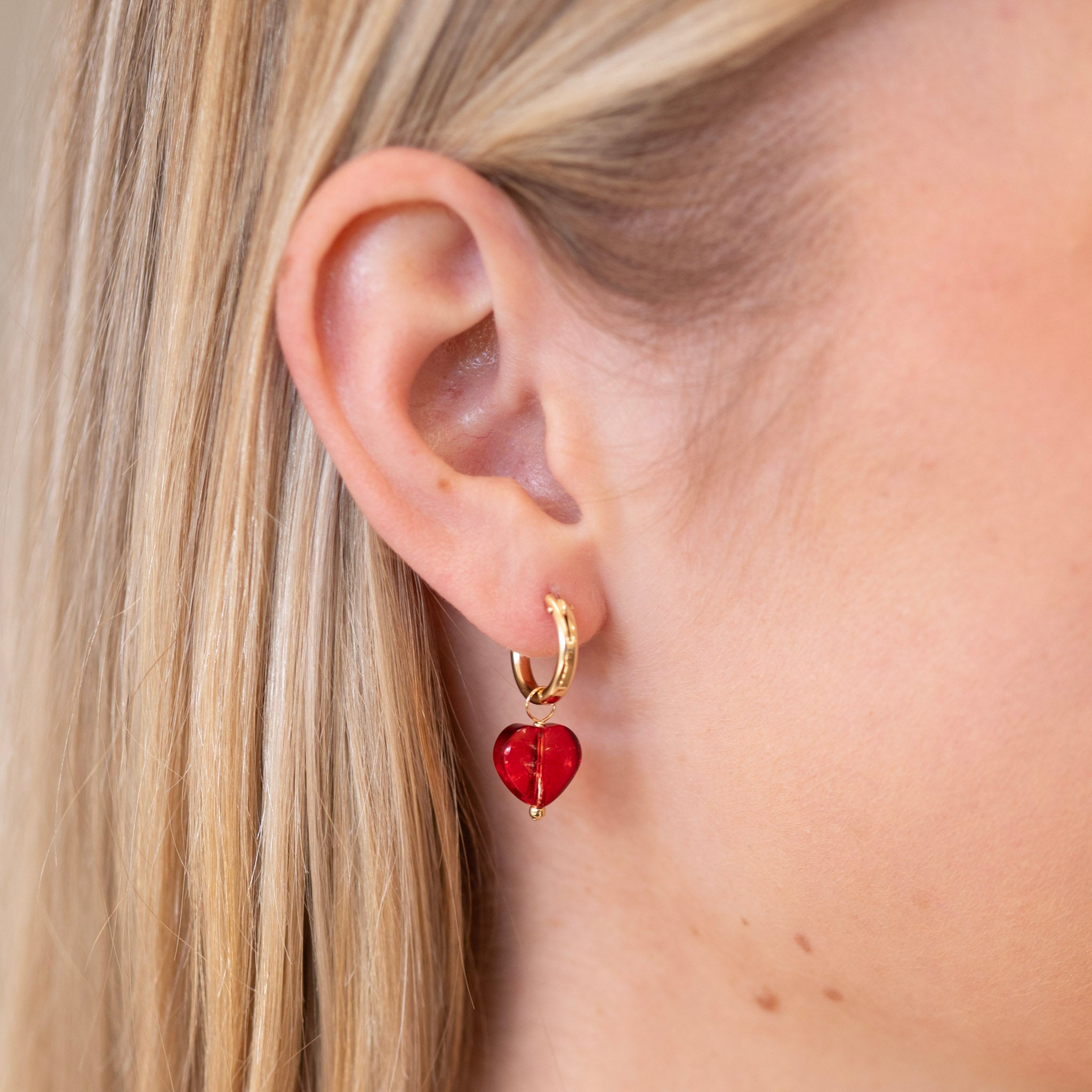 Red Glass Heart Hoop Drops