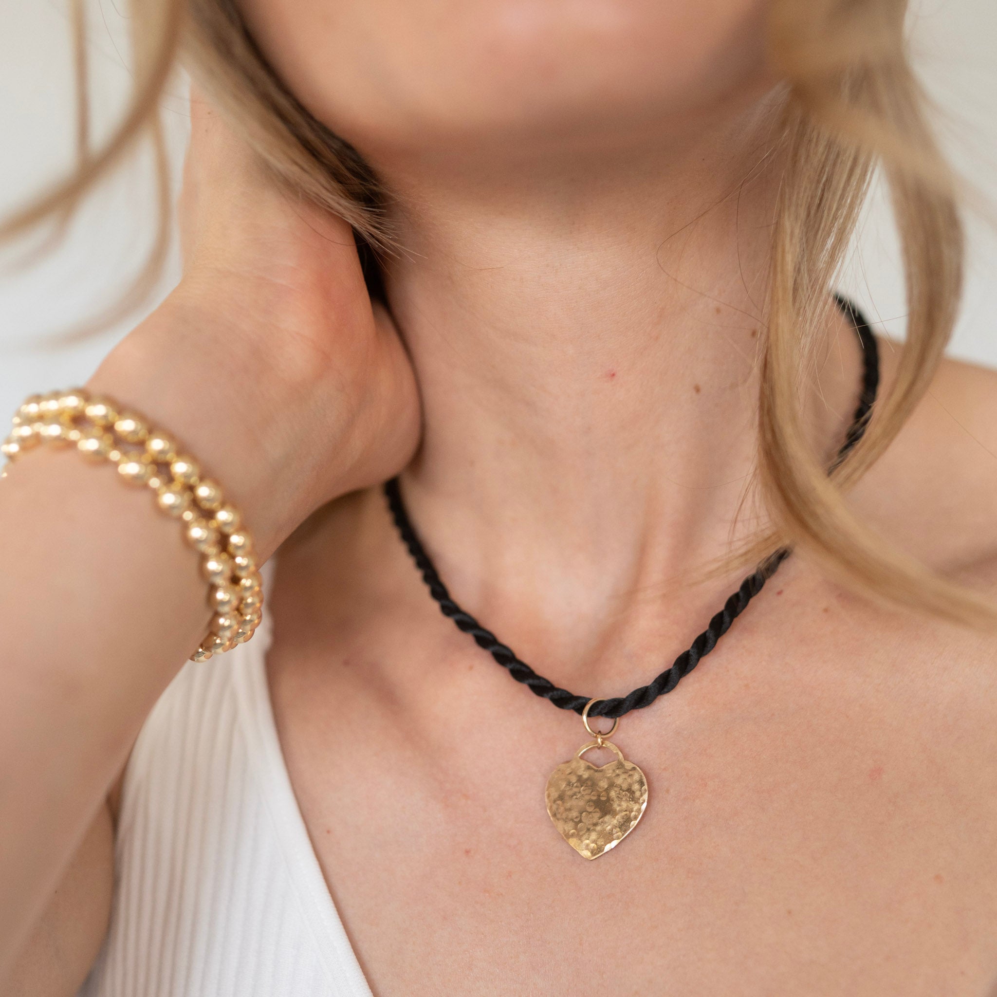 Silk Cord & Hammered Heart Necklace