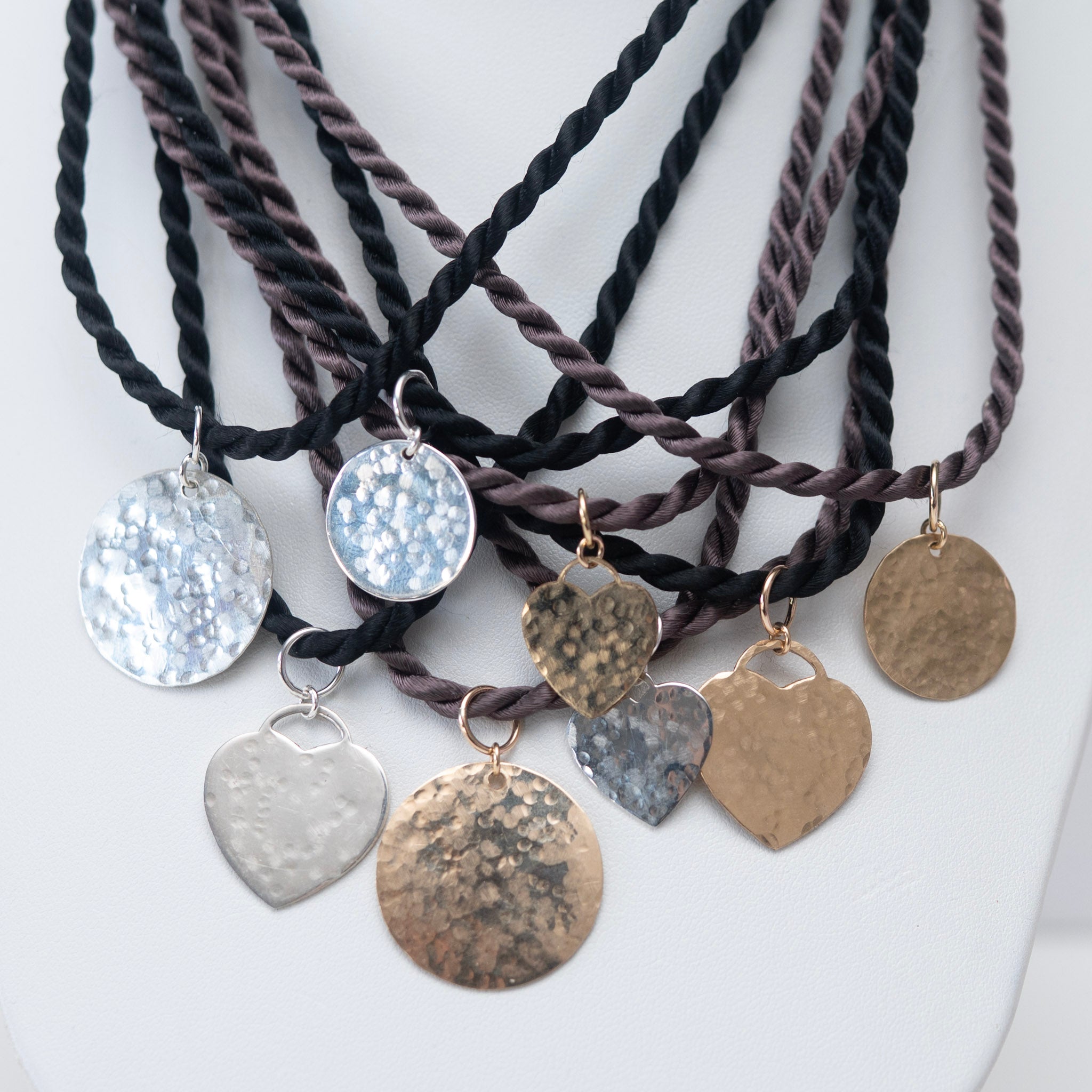Silk Cord & Large Hammered Disc Necklace