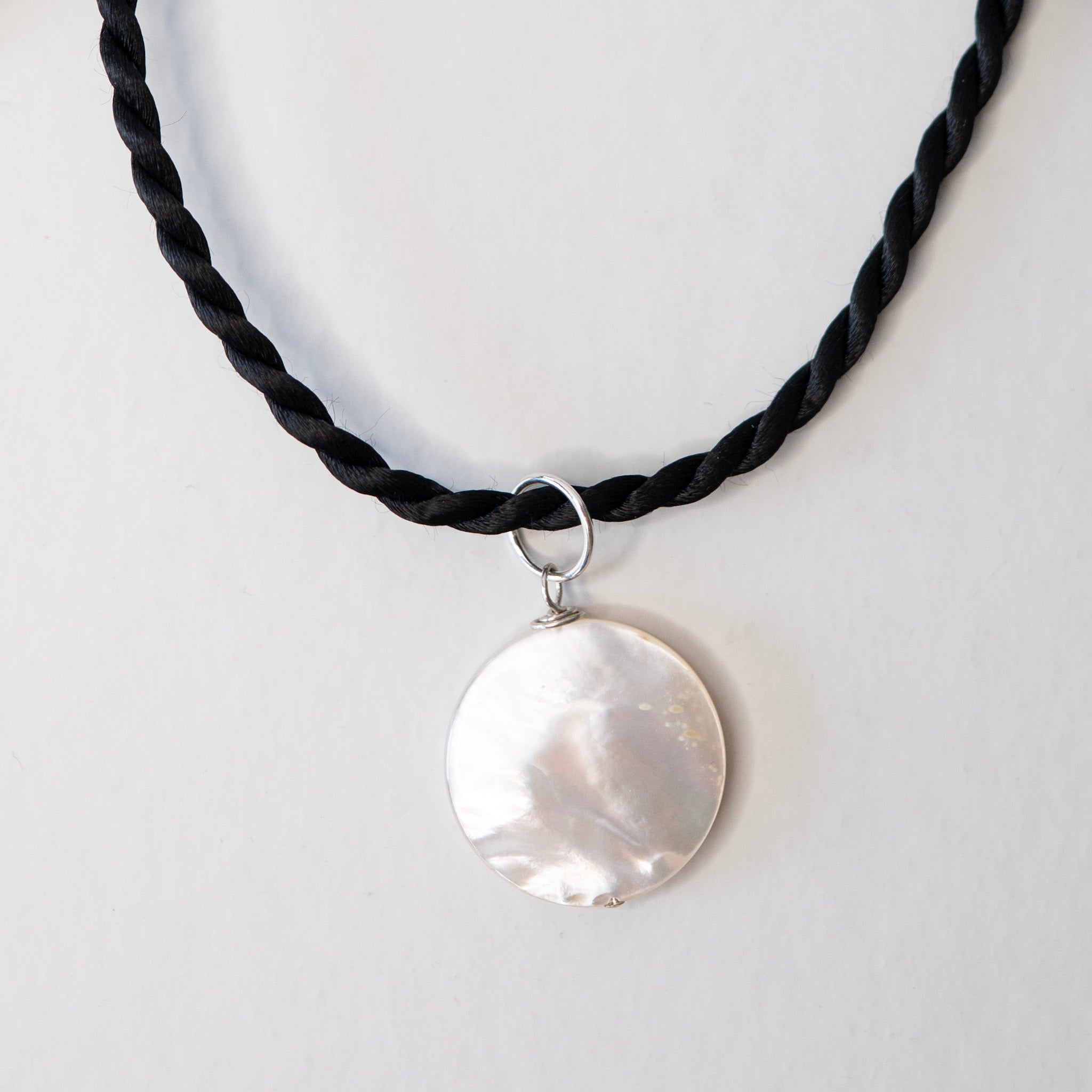 Silk Cord & Mother of Pearl Coin Charm Necklace