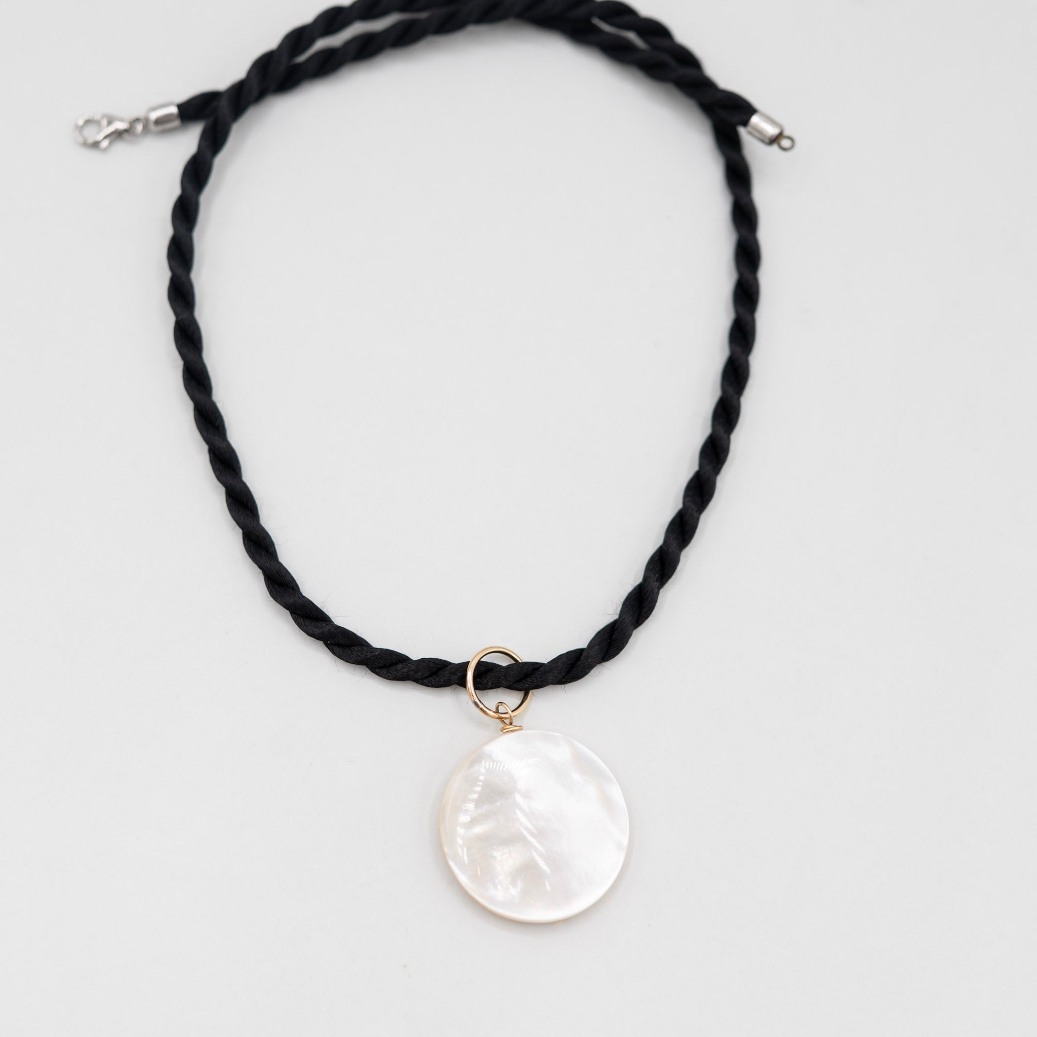 Silk Cord & Mother of Pearl Coin Charm Necklace